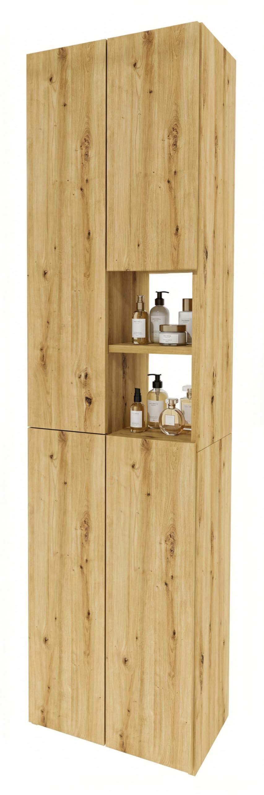 TREND WERK Hochschrank Badschrank schmal stehend B45 x T26,5 x H180 cm (Schmaler Badezimmerschrank mit Regalfächern & Stauraum) Holzoptik, offene & geschlossene Fächer, Standregal Bad, platzsparend