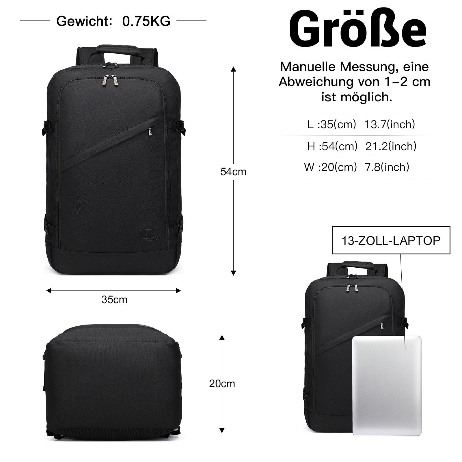 KONO Rucksack Handgepäck-Rucksack mit vielen Fächern Leichtgewicht günstig online kaufen