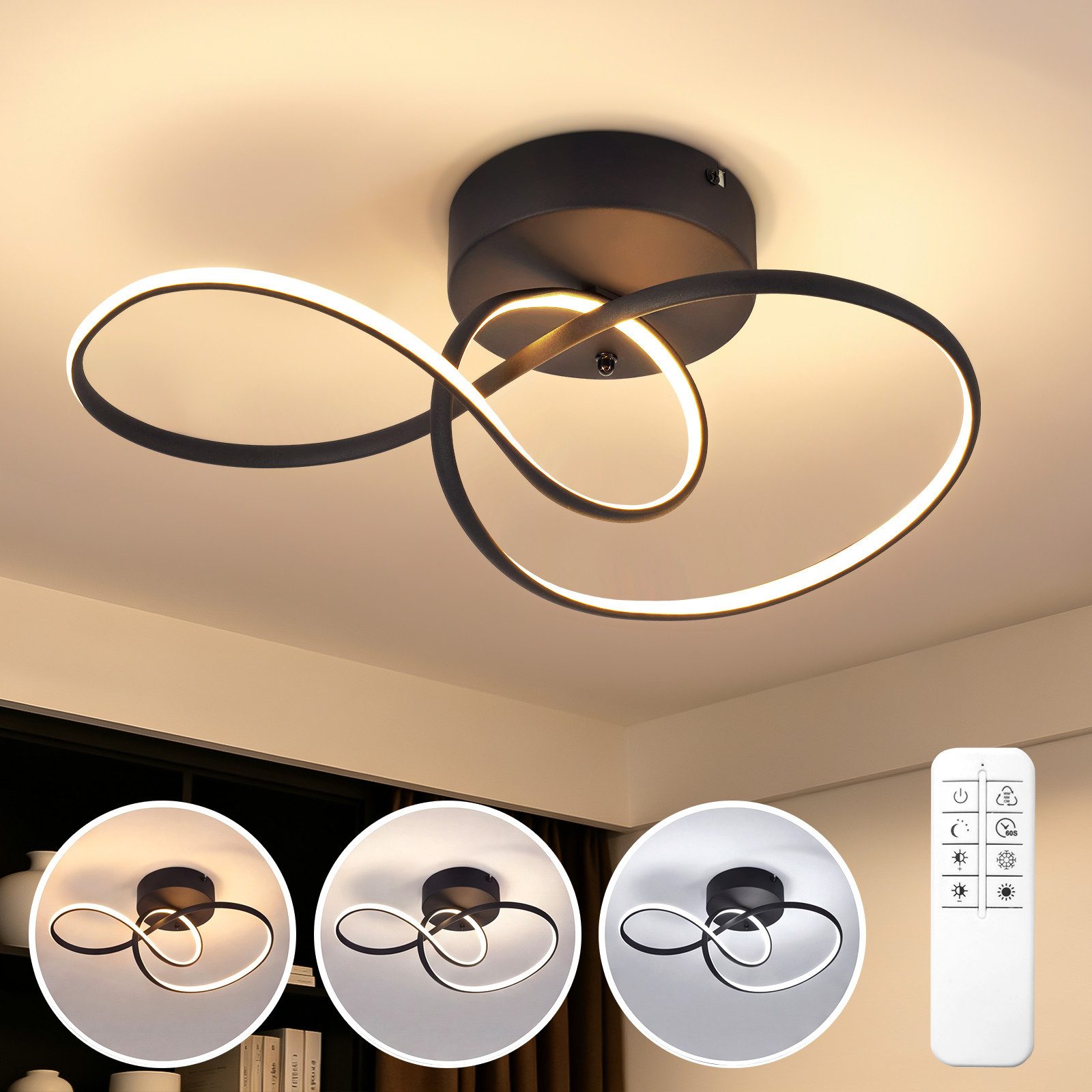 ZMH LED Deckenleuchte Schwarze 24W Rundumleuchte kann mit Fernbedienung bedient werden, LED fest integriert, 10%-100% dimmbar, 41cm, für 10-20m², IP20, ohne Leuchtmittel