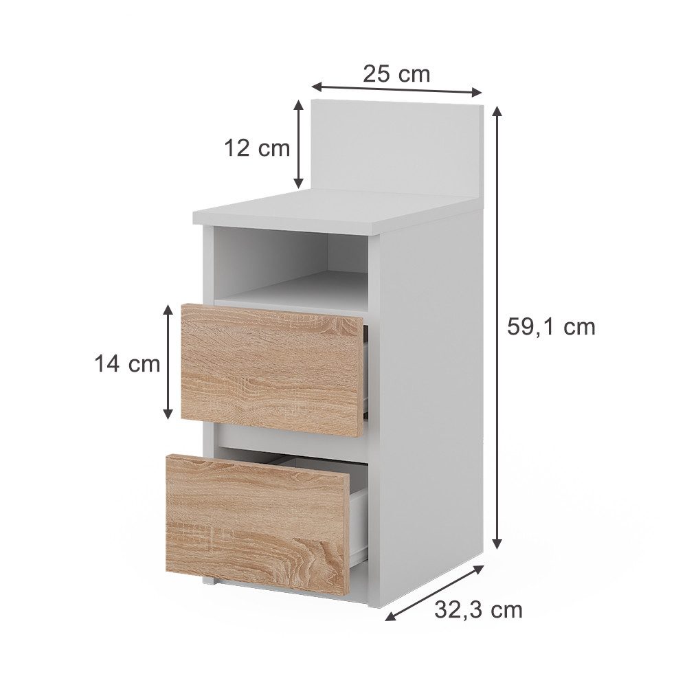 Vicco Nachtschrank Monty, Weiß/Sonoma, 25 x 59.1 cm mit 2 Schubladen (1-St)