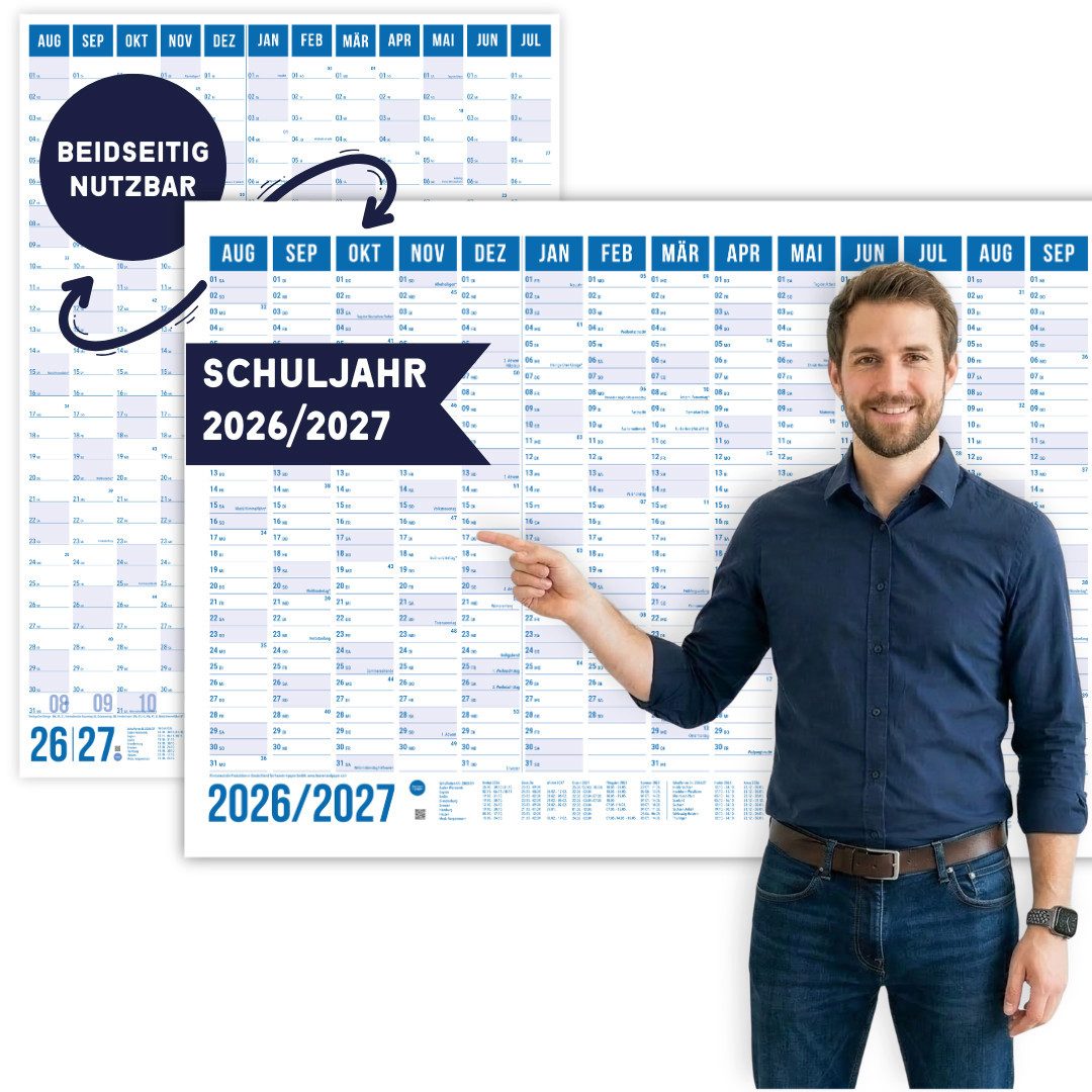heaven+paper Jahresplaner Schuljahresplaner A1 2026/2027 Blau Querformat/Hochformat, Hergestellt in Deutschland