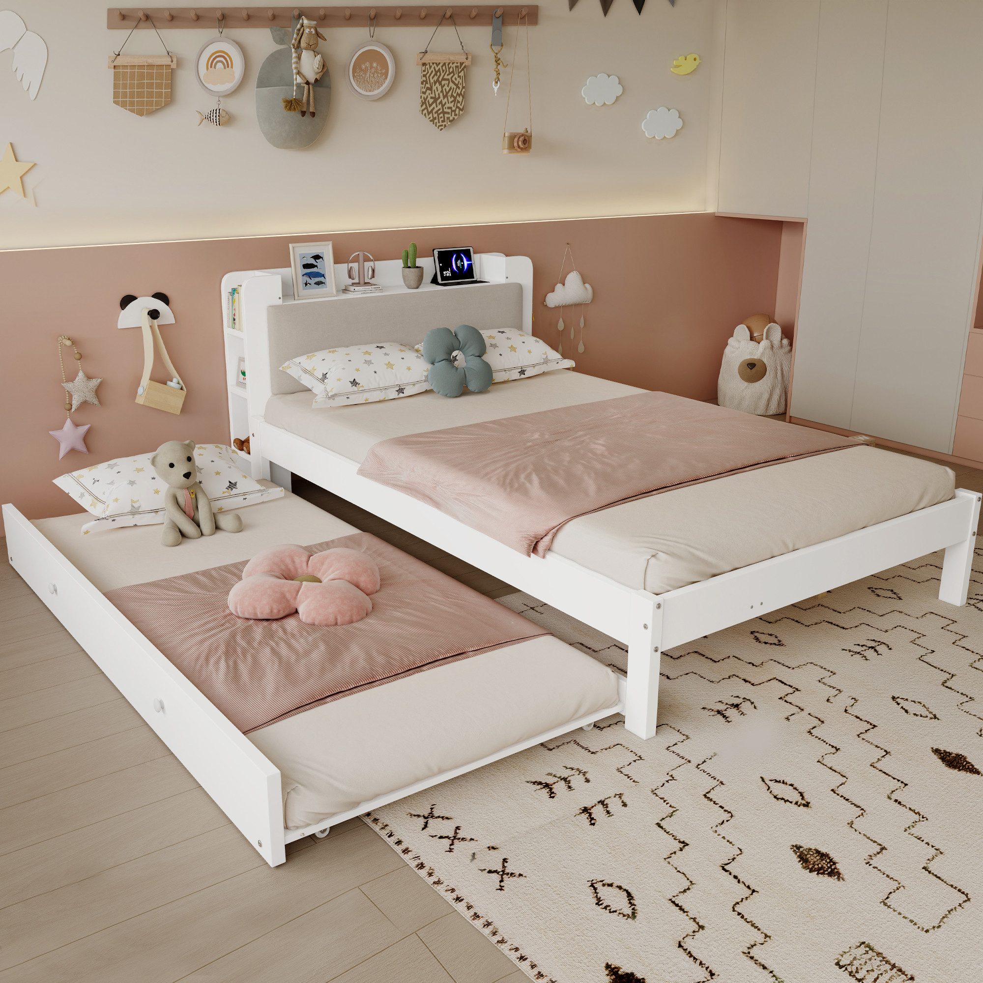 Flieks Massivholzbett, Kinderbett 120x200cm mit Ausziehbett 90x190cm, Aufladen, Kopfteilregal – Bild 3 von 5