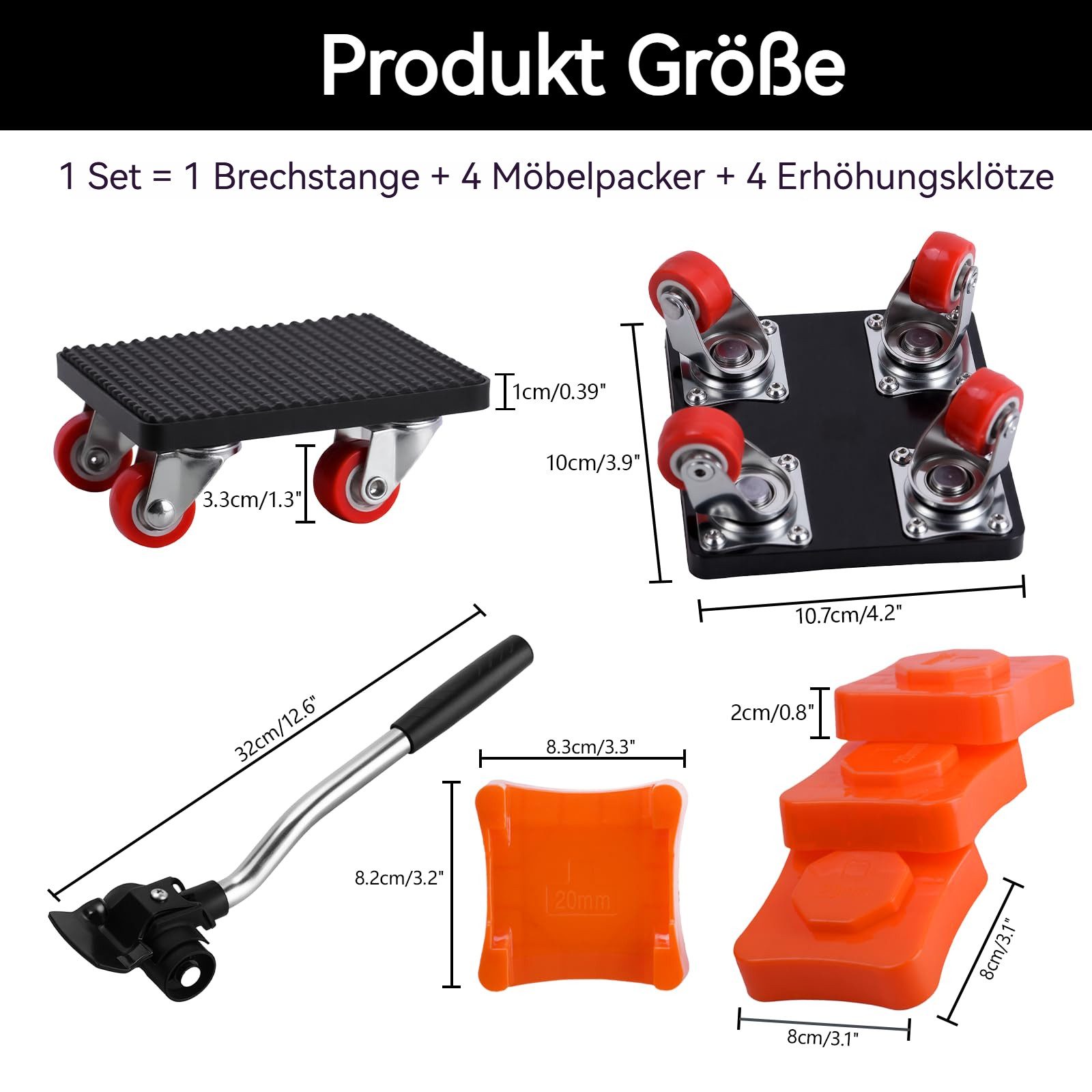 BlingBin Möbelrolle 4 Stück Möbel Transportrollen Set, Schwerer Möbeltransporter, (1er Set, 5-St., mit 4 Transportroller, 1 Hebegestell, 4 Höhenversteller), 360° Drehbar Rads, Bis 400 kg,für Möbel und Schwere Gegenstände