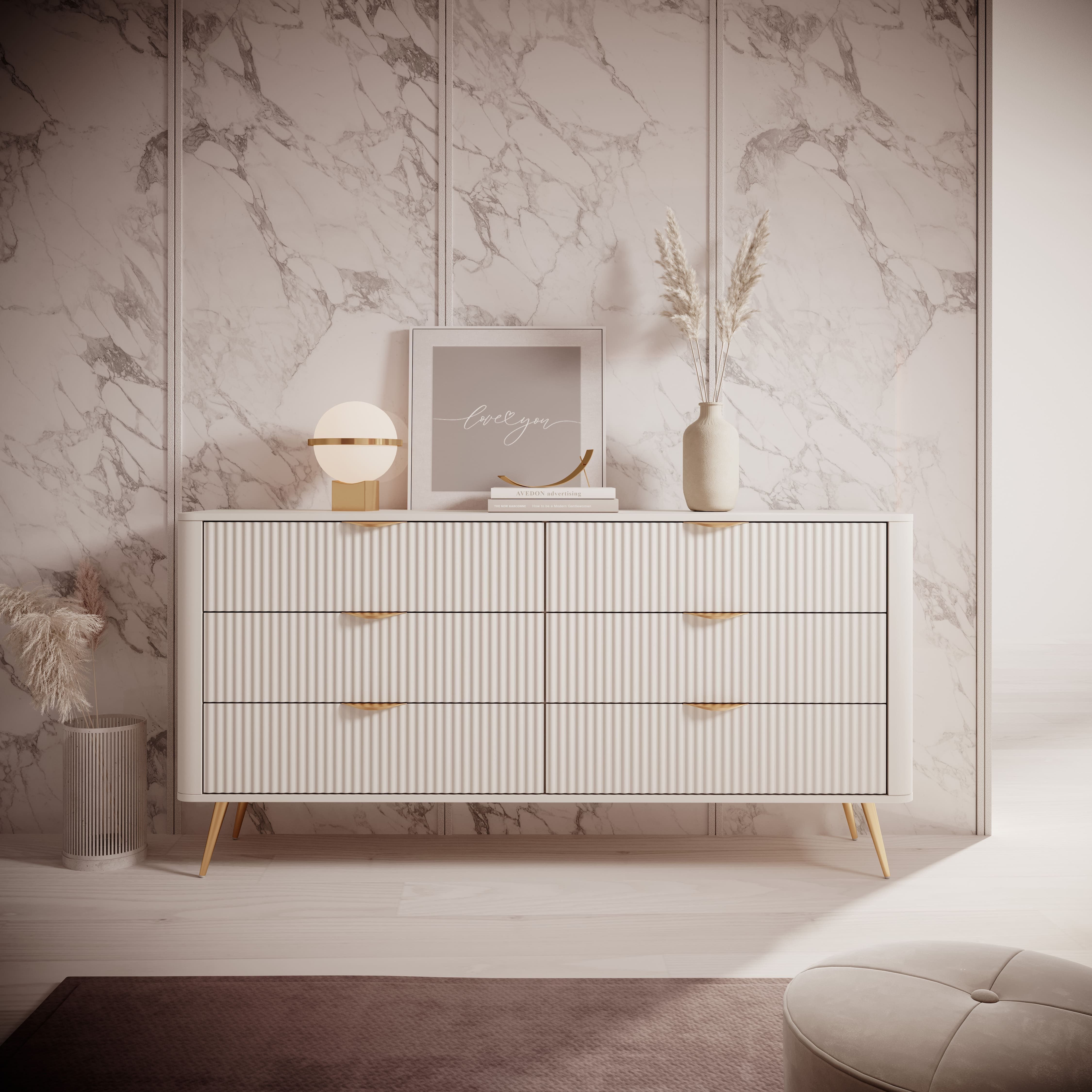 MOEBLO Kommode Pholx B 163 6s (Griffe und Beine aus Metall, geriffelte-Fronten, Sideboard Wohnzimmer Kommode Schlafzimmer Komodenschrank Highboard)
