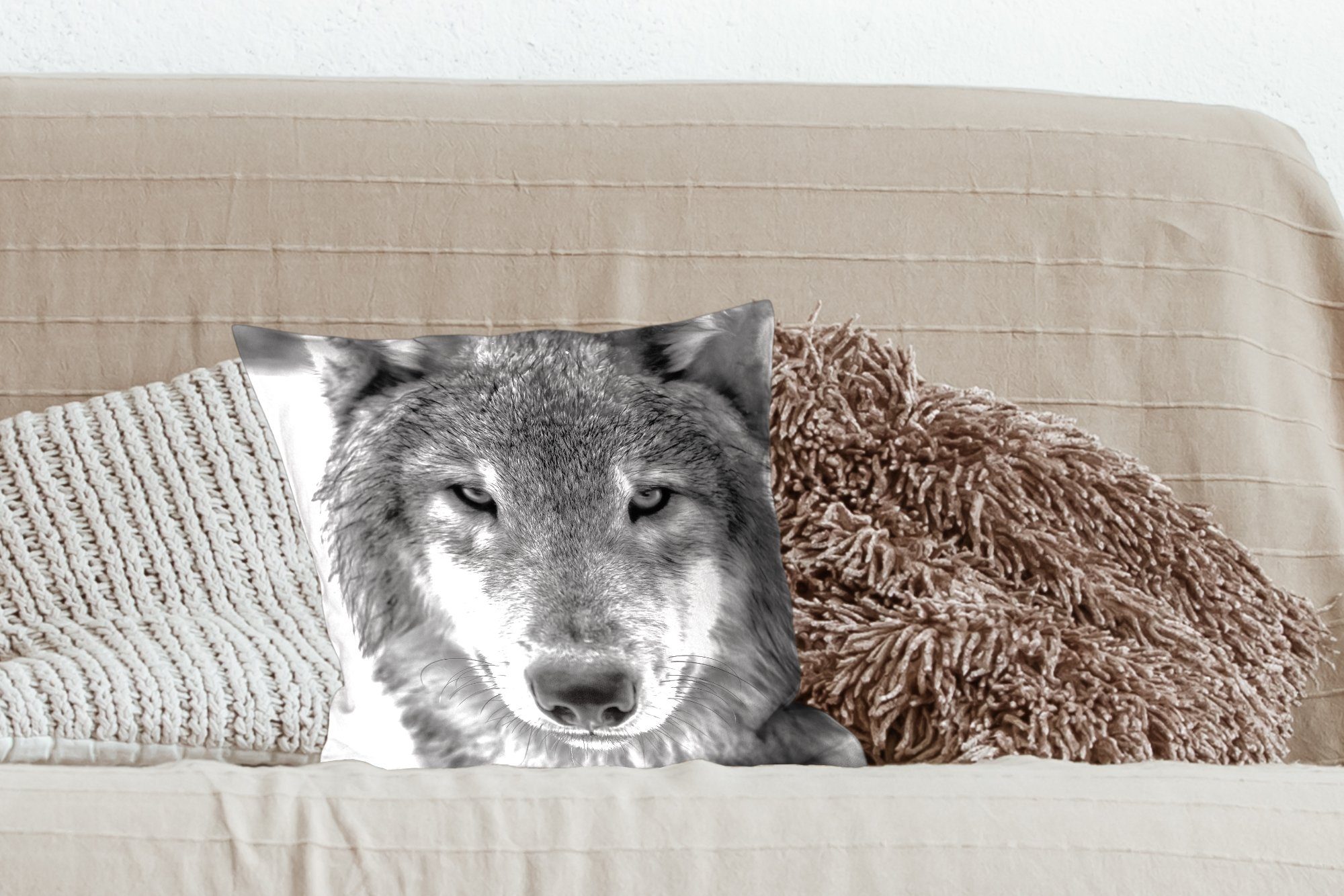 MuchoWow Dekokissen Wolf im Winter Füllung Wohzimmer, Schwarz Sofakissen Zierkissen mit Weiß, für in und Schlafzimmer, Deko