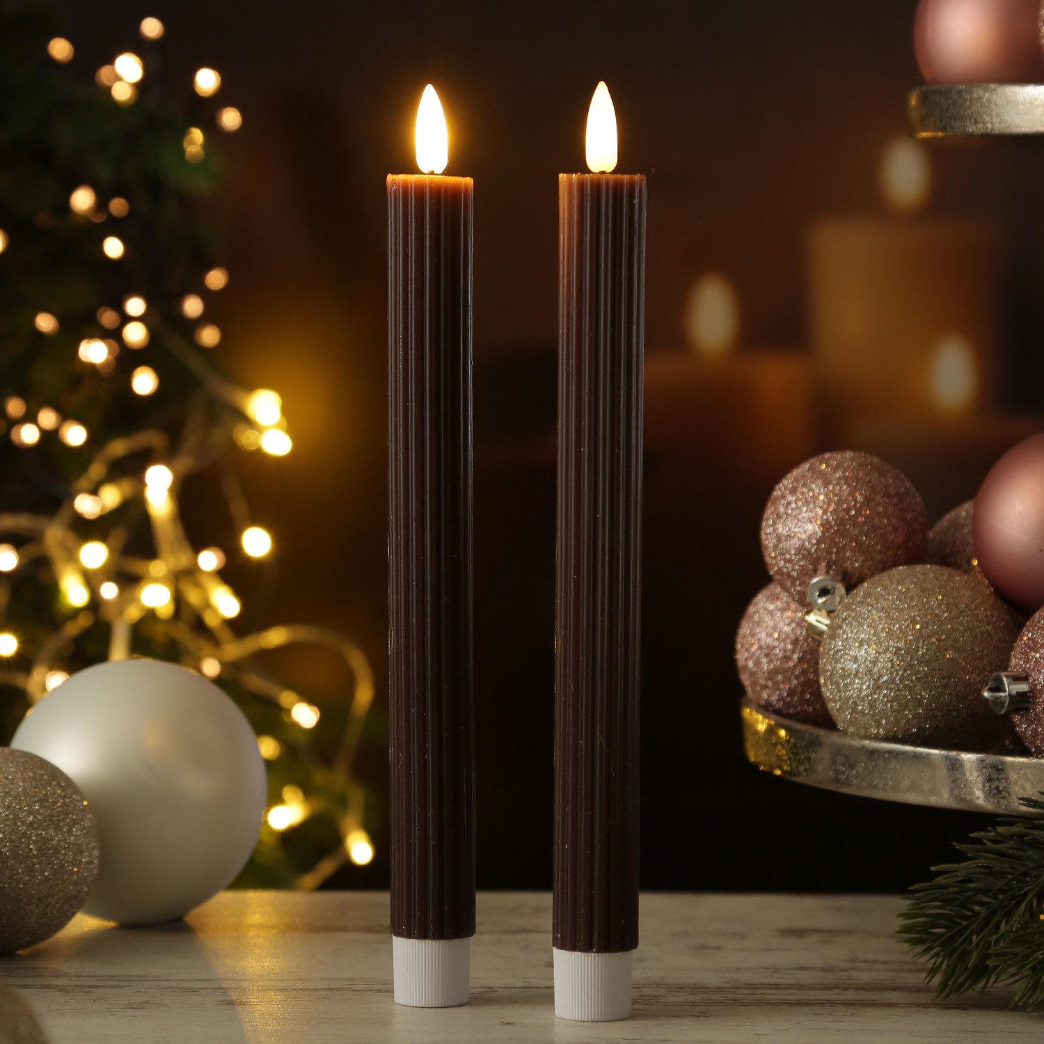MARELIDA LED-Kerze LED Stabkerzen gerillt Tafelkerzen Dinner Spitzkerzen 25cm braun 2St., LED Classic, warmweiß (2100K bis 3000K) – Bild 3 von 3