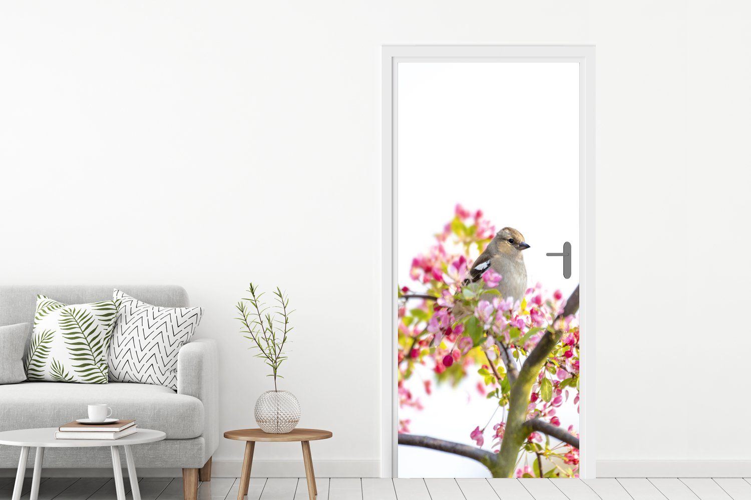 Matt, (1 bedruckt, Türaufkleber, rosa St), Blumen, Türtapete Vogel zwischen für Fototapete 75x205 cm Tür, MuchoWow