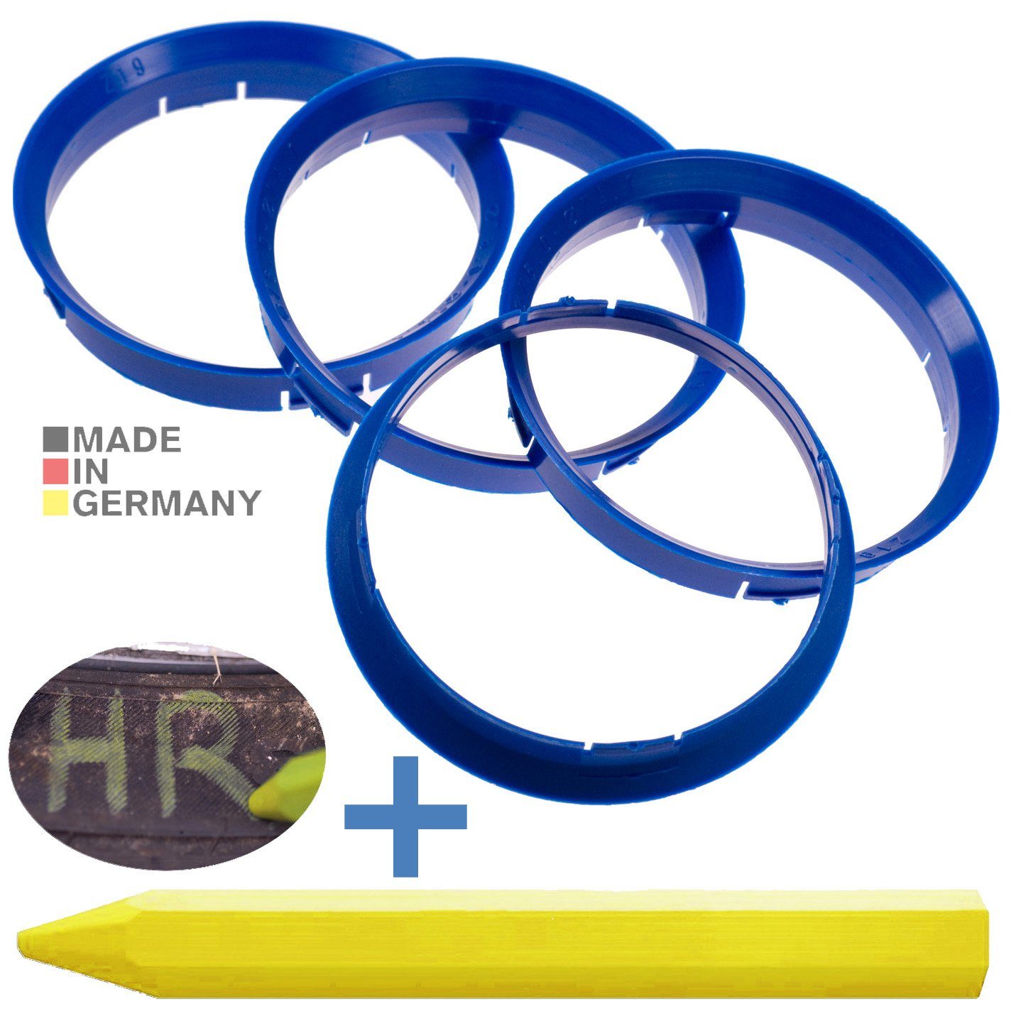 RKC Reifenstift 4X Zentrierringe Blau Felgen Ringe + 1x Reifen Kreide Fett Stift, Maße: 76,0 x 74,1 mm