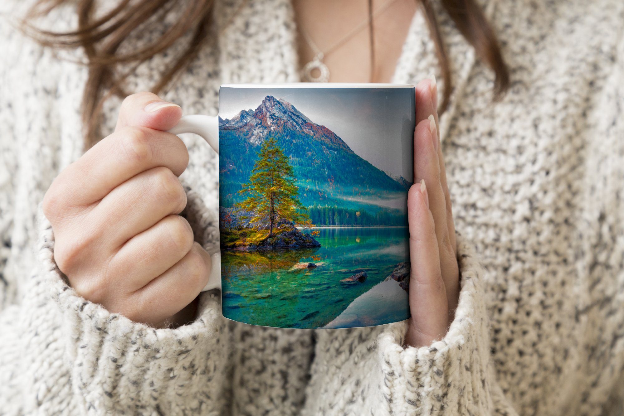 Geschenk - Keramik, Teetasse, - See Wasser, Teetasse, Becher, MuchoWow Kaffeetassen, Tasse - Natur - Bäume Berge