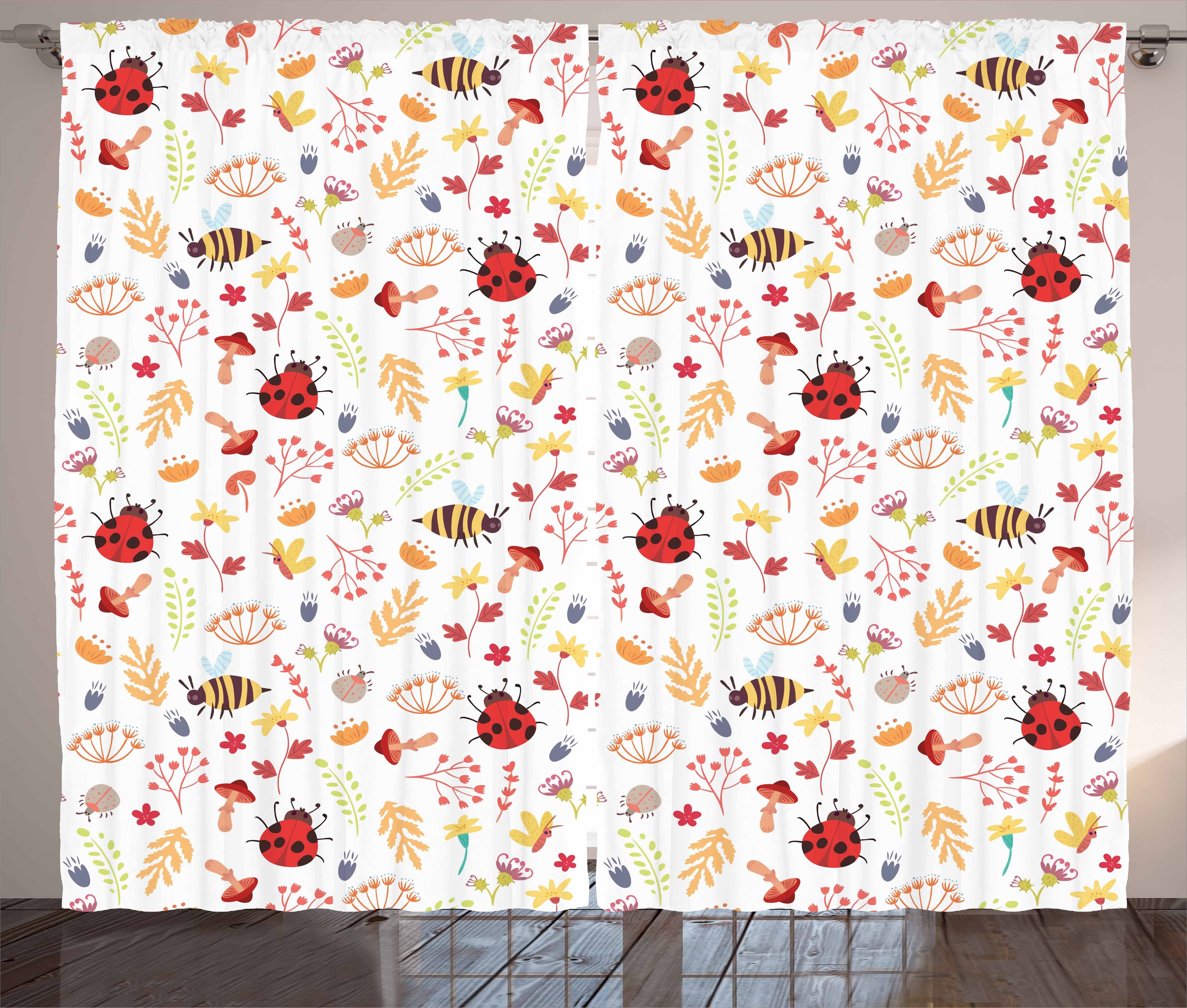Gardine Schlafzimmer Kräuselband Vorhang mit Schlaufen und Haken, Abakuhaus, Biene Herbst-Thema-Gekritzel Bugs