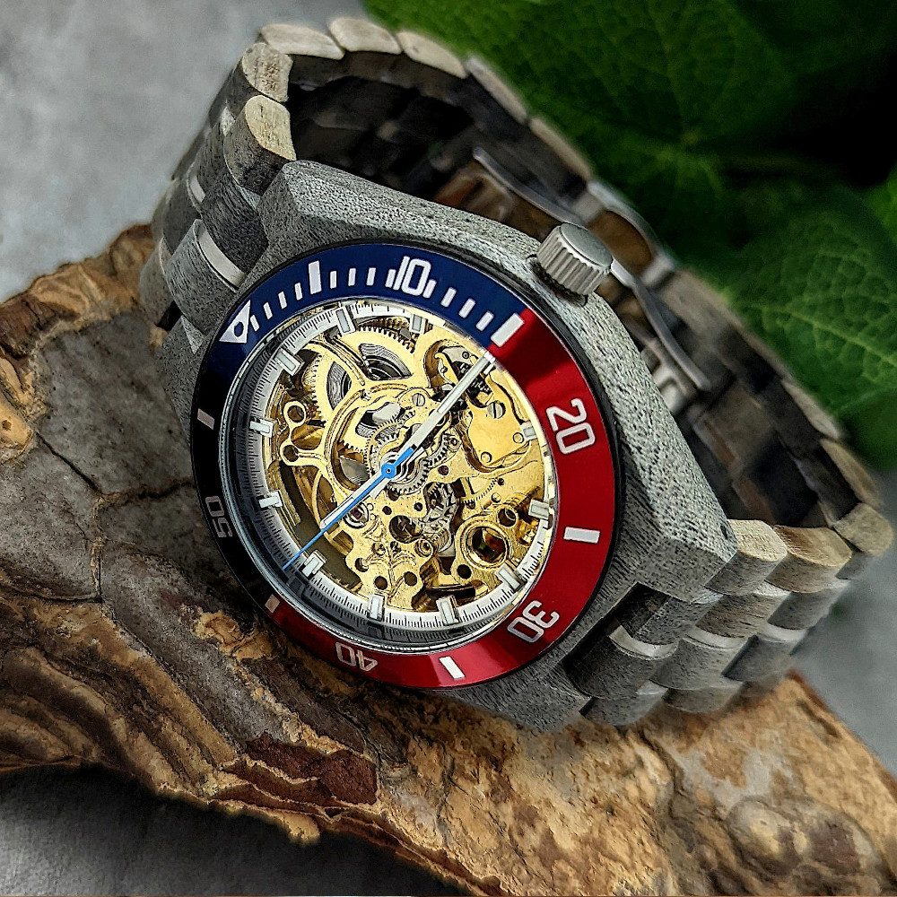 Holzwerk Mechanische Uhr Herren Designer Holz & Edelstahl Armbanduhr, (inklusive Armbandkürzer), Holz Unikate, ideal auch als Geschenk, Automatik, offene Unruhe