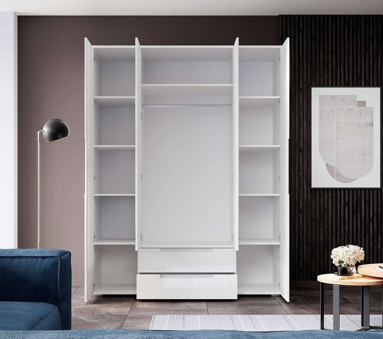 Pol-Power Drehtürenschrank Kleiderschrank SPICE, B 160 cm x H 208 cm, Weiß Hochglanz, 4 Türen, 2 Schubladen, mit Spiegel