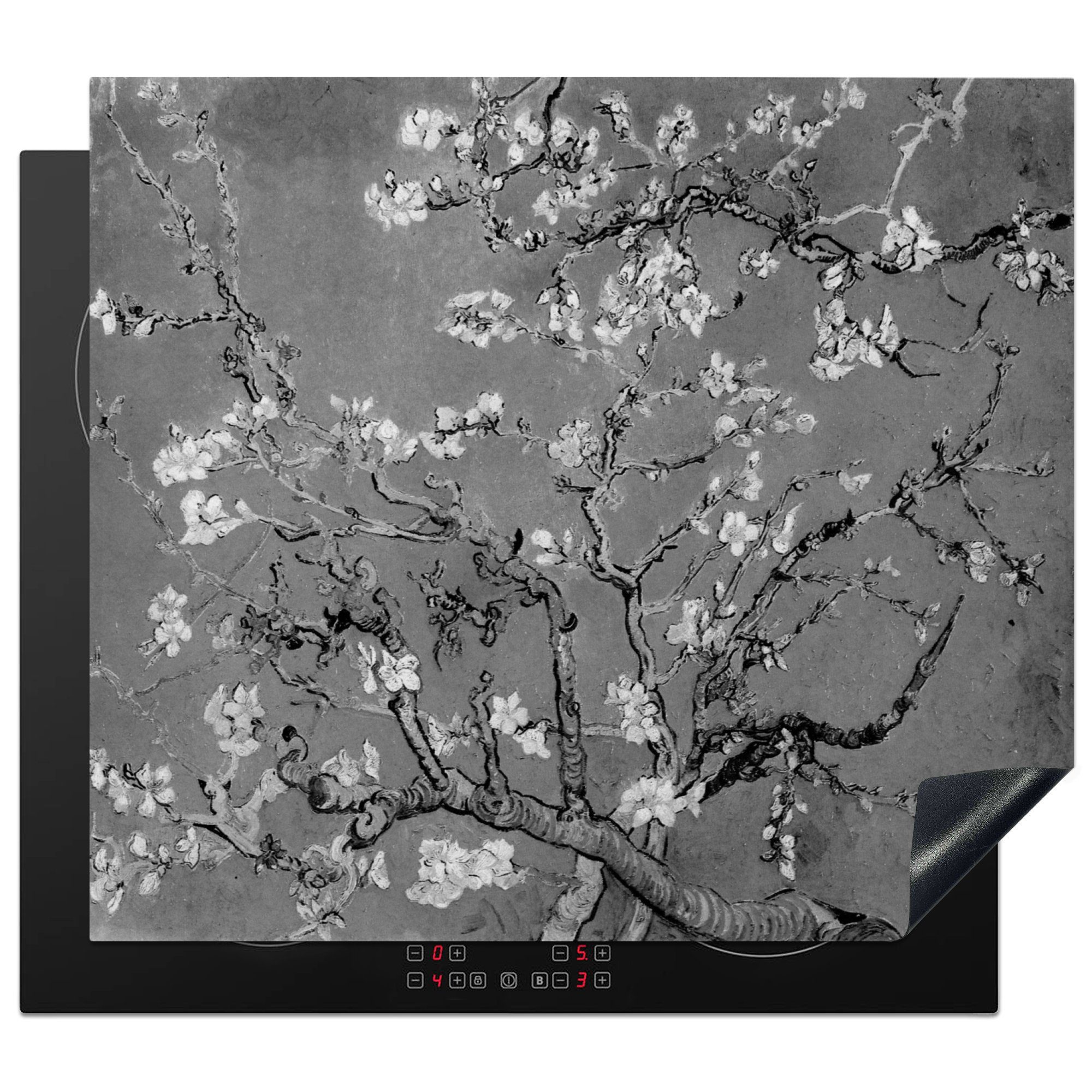 Ceranfeldabdeckung tlg), Gogh - (1 Herdblende-/Abdeckplatte cm, Vinyl, Induktionsschutz, Mandelblüte Van Induktionskochfeld, 57x51 Schwarz weiß, und - MuchoWow