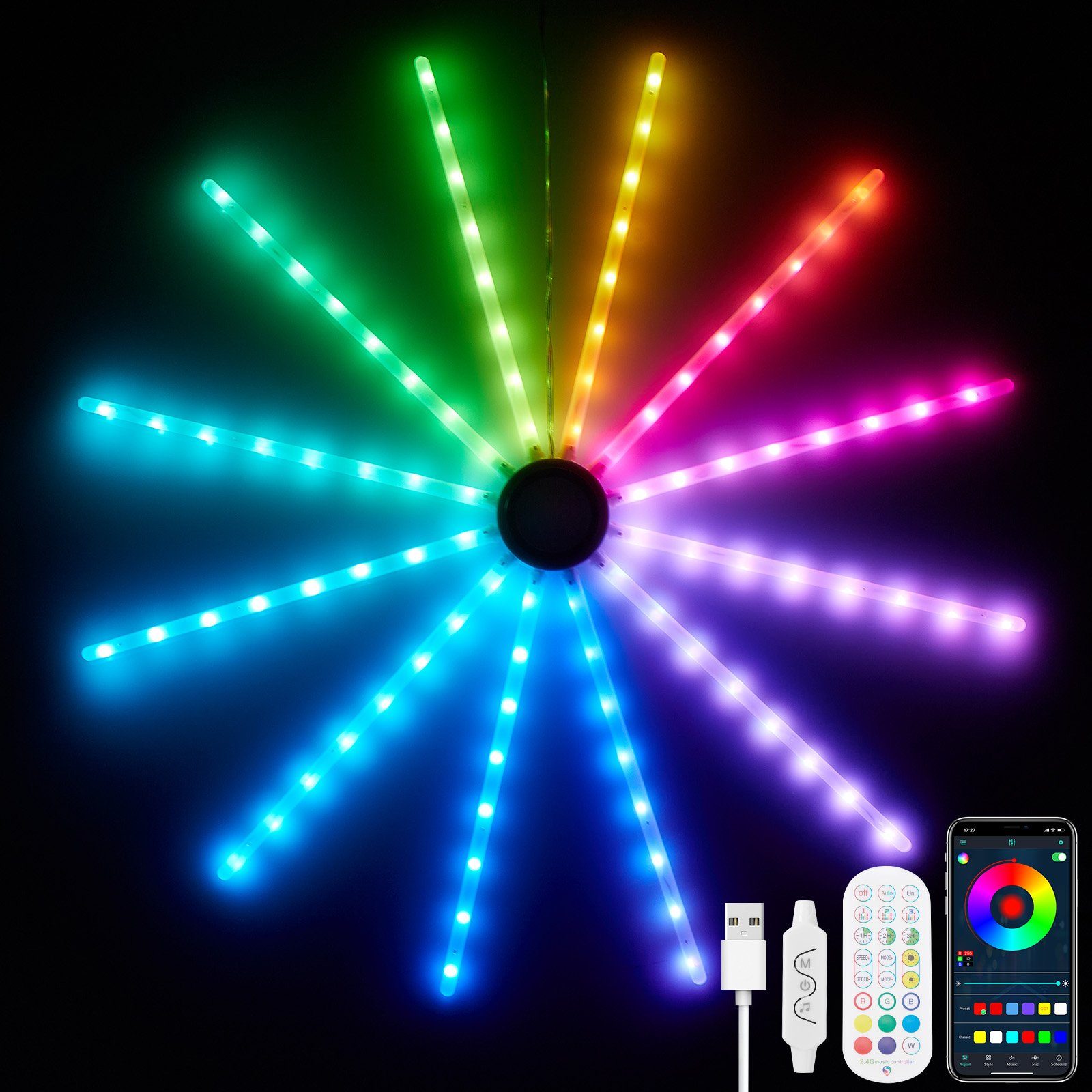 Weihnachten 213 Feuerwerk Wasserdicht, Modi, APP/Fernbedienung, RGB, Terrasse Dekolicht Wandaufhängung, Rosnek Party für Garten Hochzeit Deko, LED RGB, Lichter, Timer,