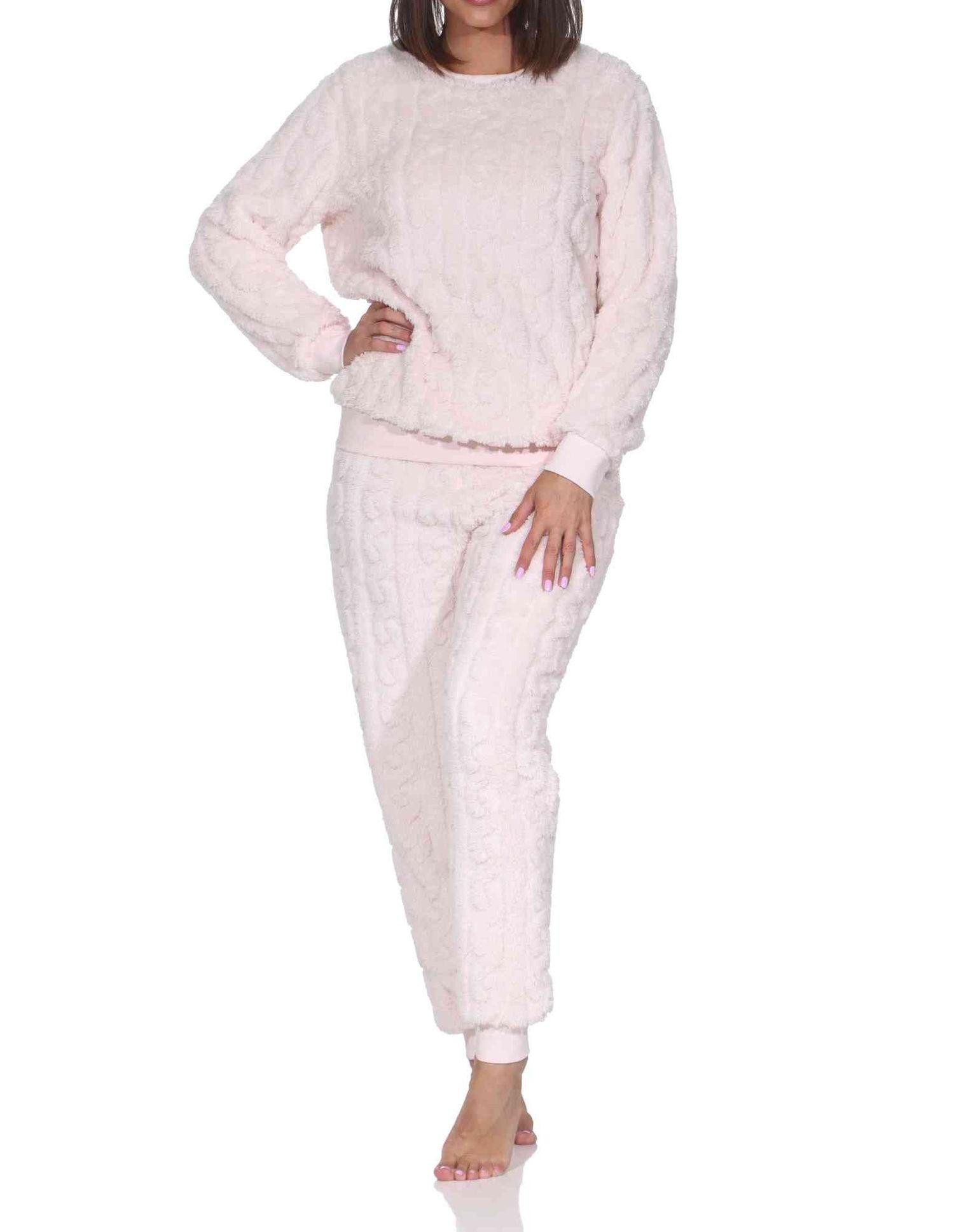 Normann Pyjama Damen langarm Schlafanzug Hausanzug aus kuscheligen Sherpa-Fleece