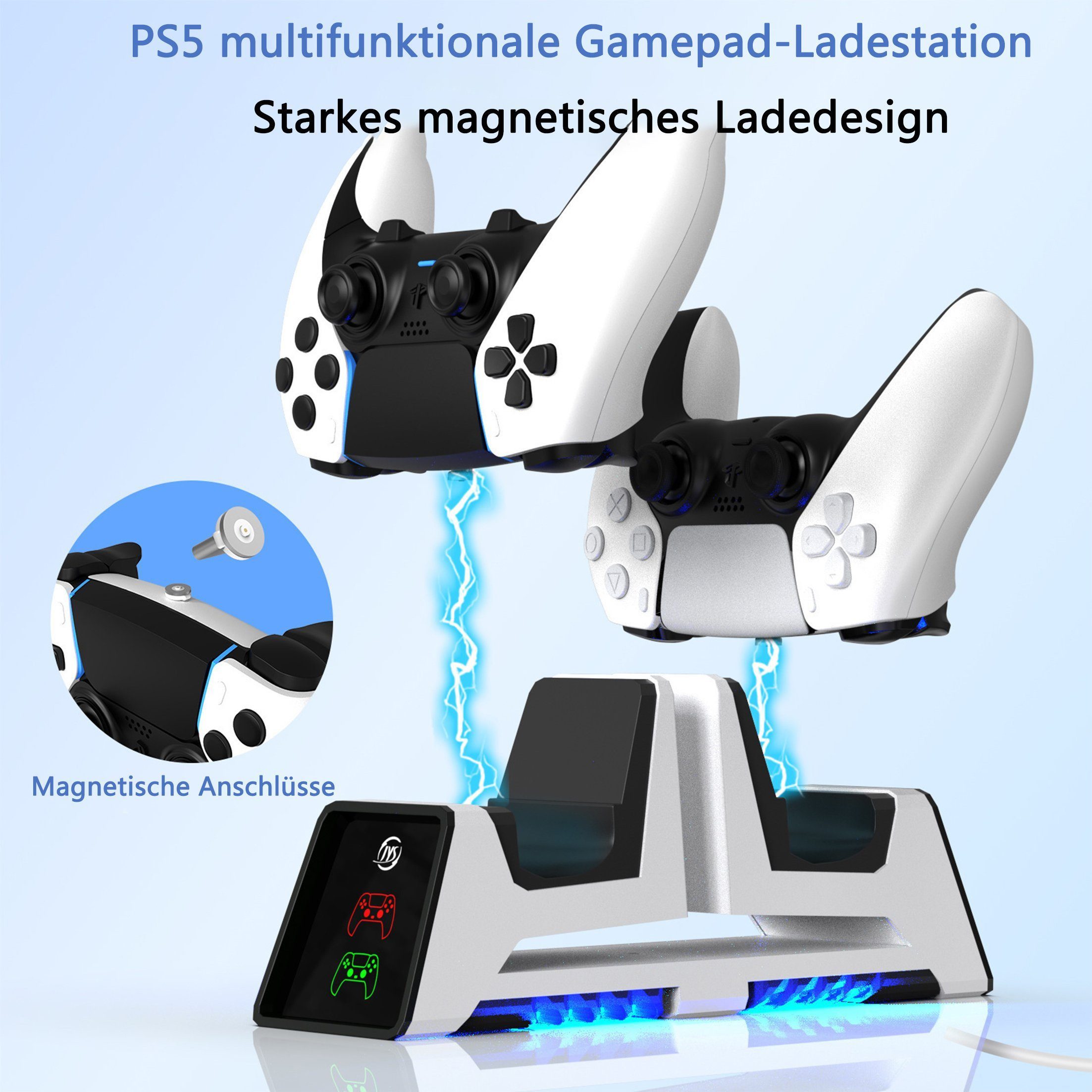 KINSI PS5 multifunktionale Gamepad-Ladestation,für PS VR2 Controller Controller-Ladestation (Mit 3 Magnetköpfen, ausgestattet mit 1 Stück 1.2M Type-C Ladekabel, Magnetisches Laden,Kann 2 PS5-Gamepads aufladen)