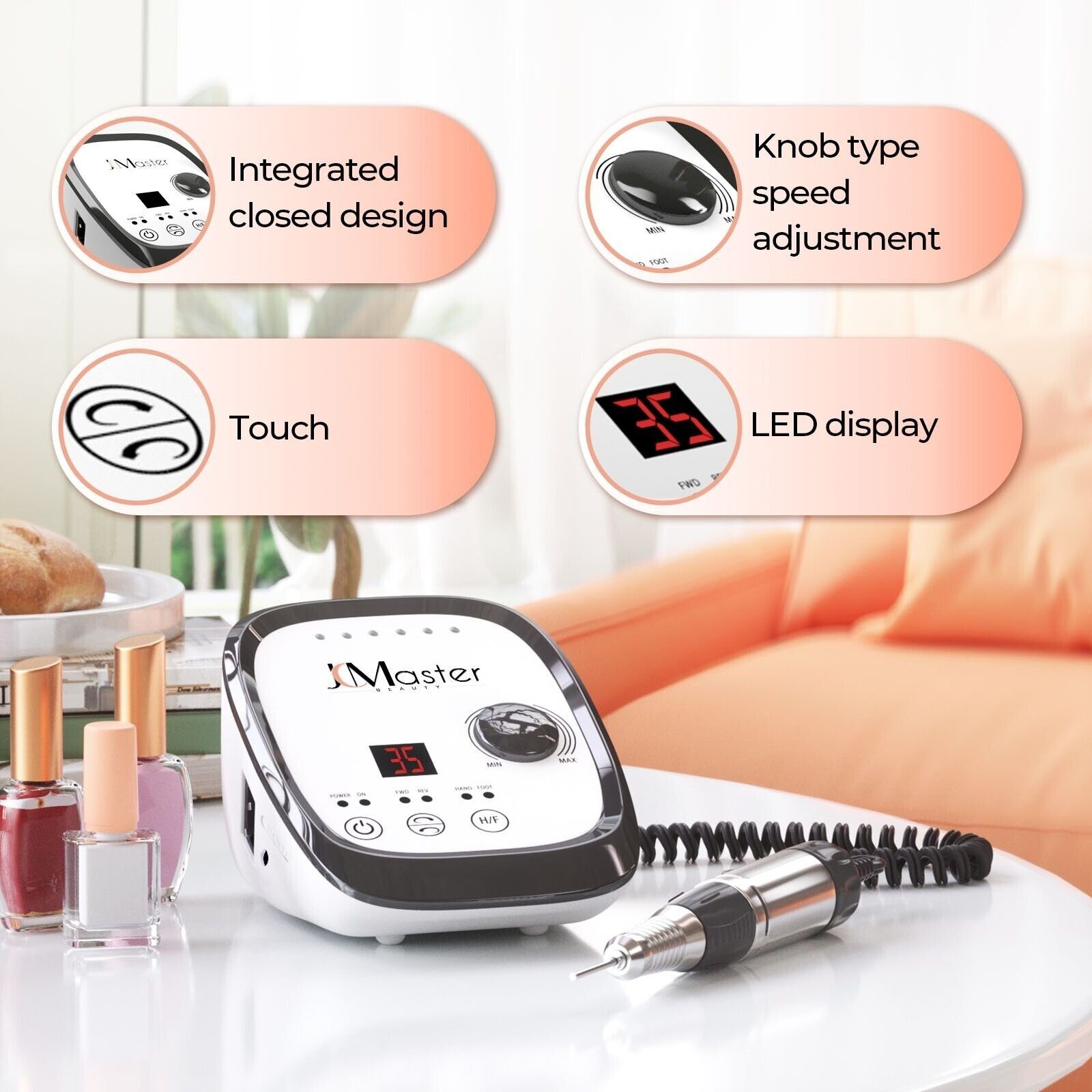 JCMaster Maniküre-Pediküre-Set Nagelfräser Profi 35.000 U/Min, inkl 6x Bits, elektrische Nagelfeile für Gelnägel Acrylnägel, mit Fußpedal