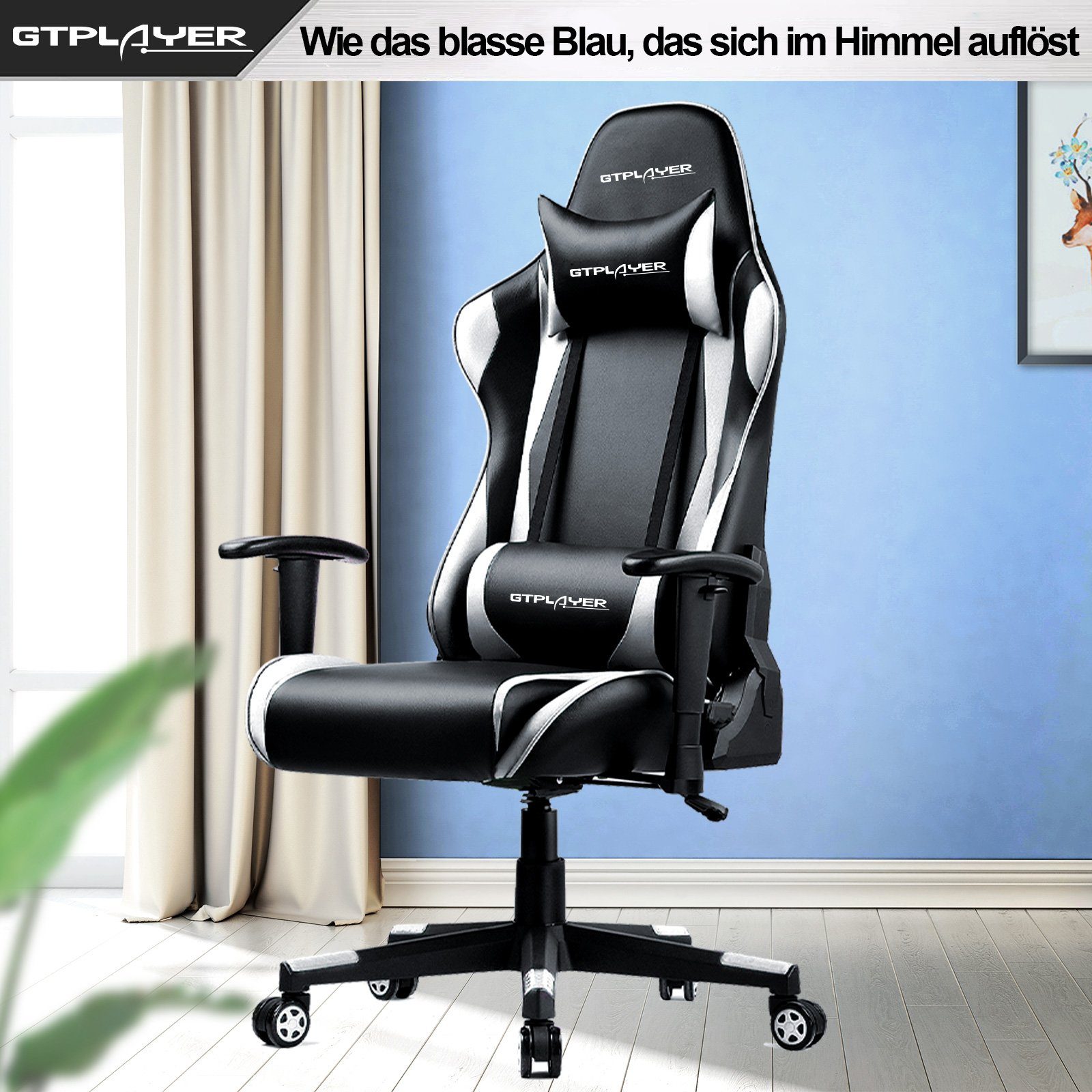 GTPLAYER Gaming-Stuhl Bürostuhl Gaming Stuhl Gaming Sessel ergonomischer Gamer Stuhl, bis 150 kg belastbar, Neigungswinkel 90°-165° weiß
