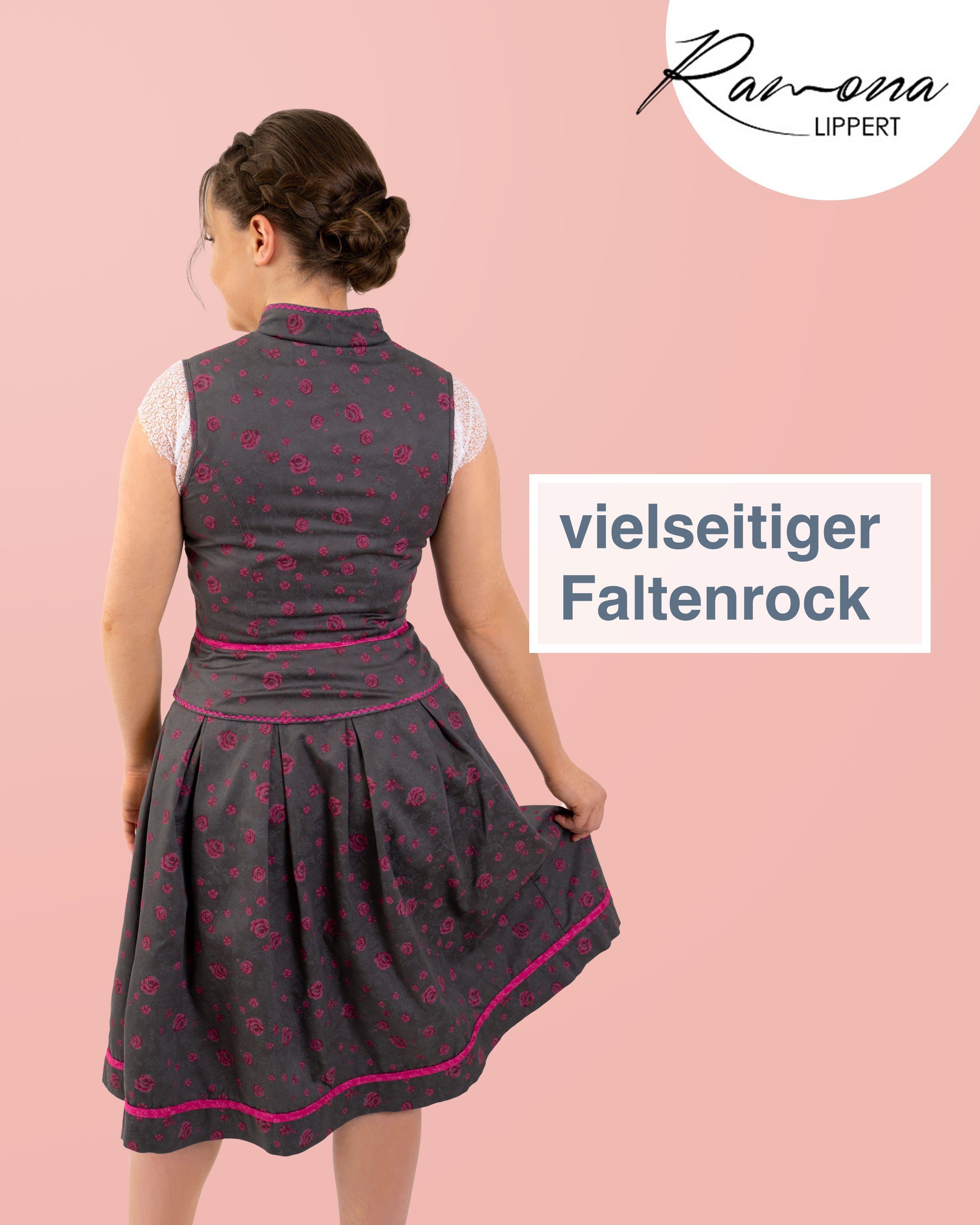 Ramona Lippert Trachtenrock Anne dunkelgrau pink Rosendruck Rocklänge 65 cm Baumwolle