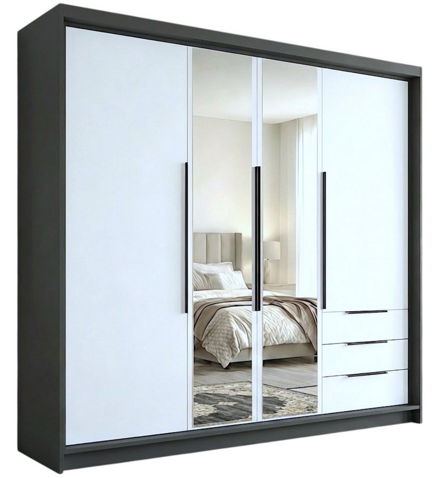 A&J MöbelLand GmbH Drehtürenschrank VIVO mit integrierten Schubladen (Geräumiger vier¬türiger Kleiderschrank mit Schubladen und Metallgriffen. Geräumiger Schrank mit einer Breite von 200 cm und Schubladen, ideal zur Aufbewahrung von Kleidung und Accessoir