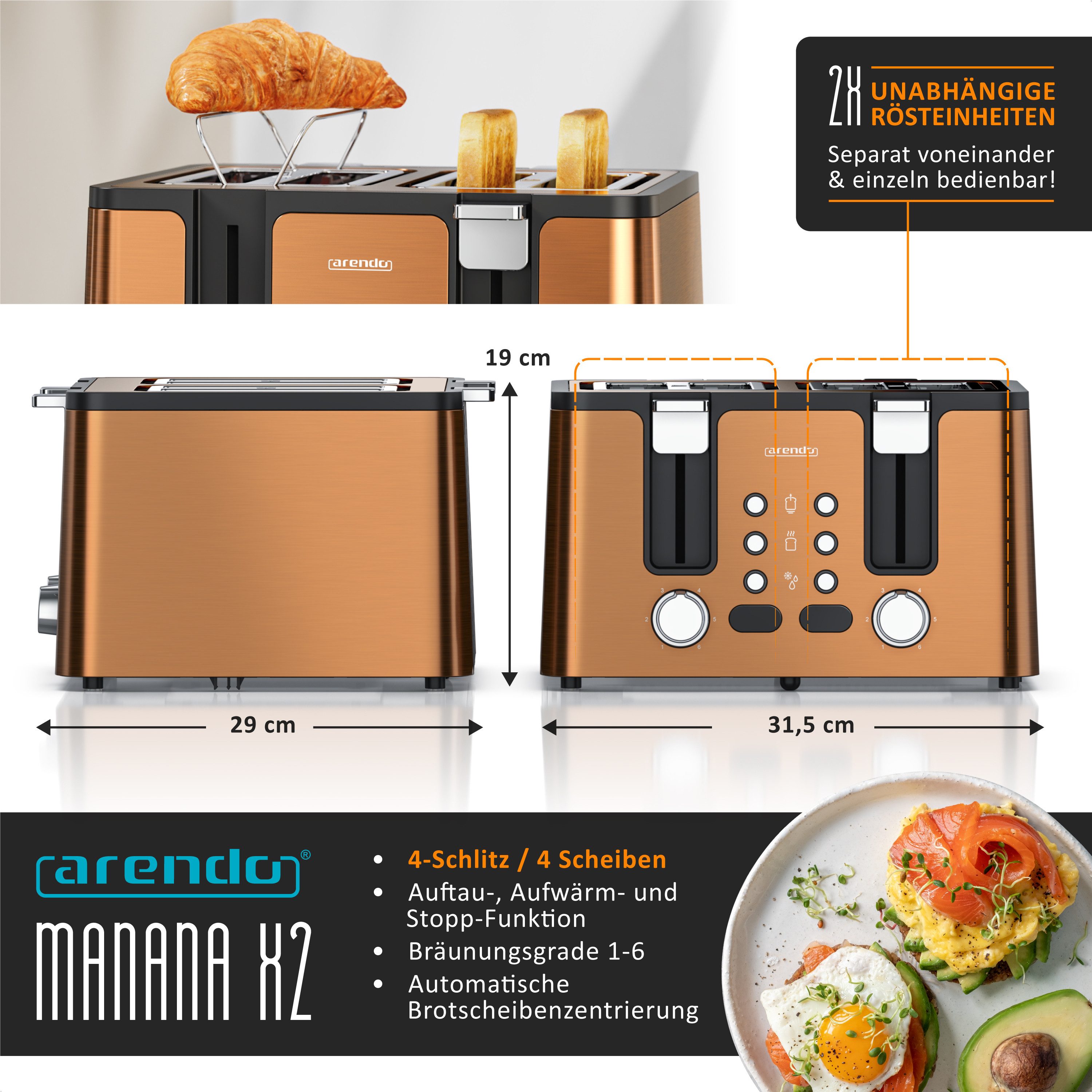 Arendo Toaster 4-Scheiben, Edelstahl, Brötchenaufsatz, Restzeitanzeige, Kupfer, 4 kurze Schlitze, für 4 Scheiben, 1750 W, Doppelwandgehäuse, Defrost Funktion, Krümelschublade, 6 Bräunungsgrade