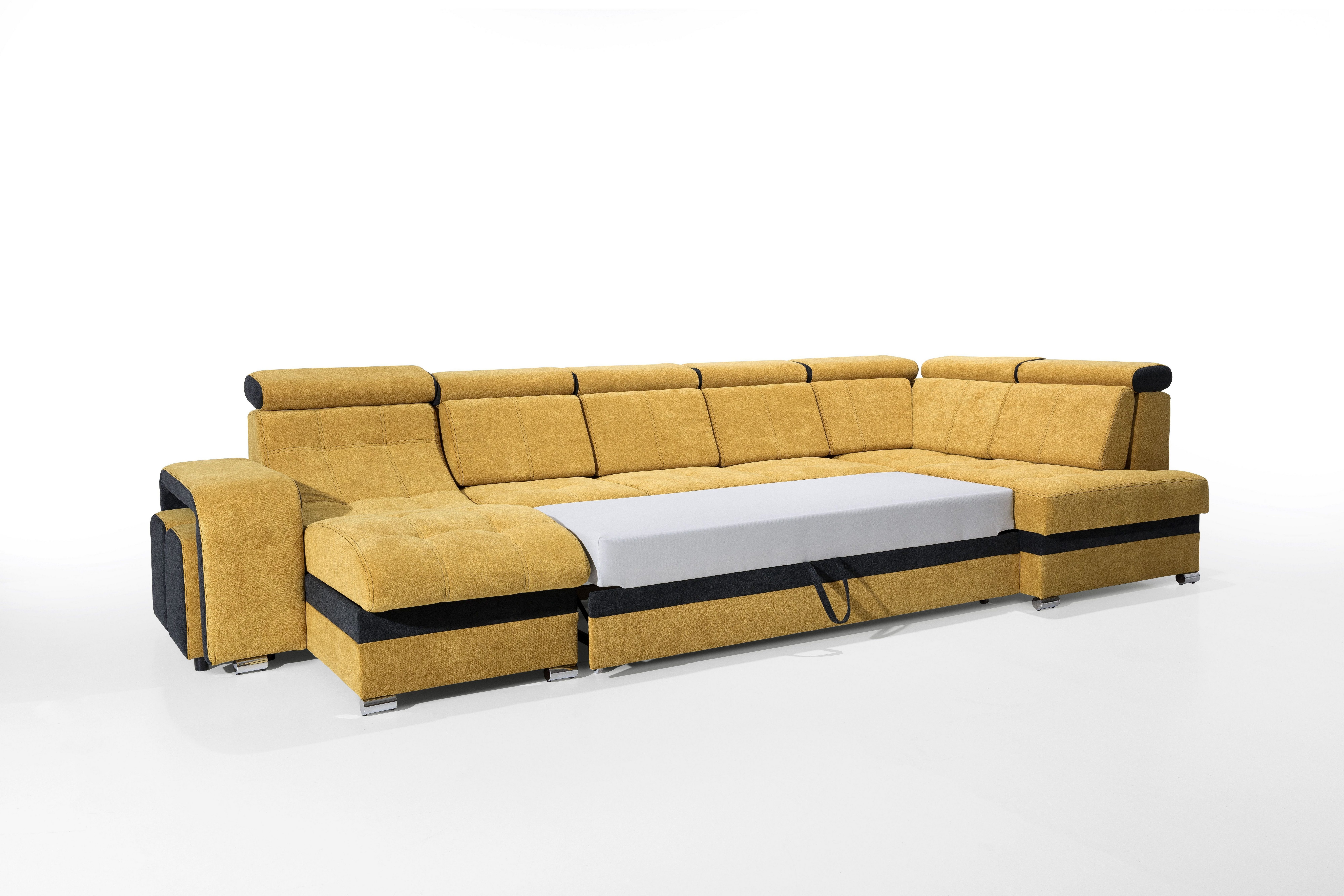 Ecksofa: 2 Schlaffunktion, MUSTARD+BLACK 7 L-Form Big-Sofa Kopfstützen Bettkästen, robin
