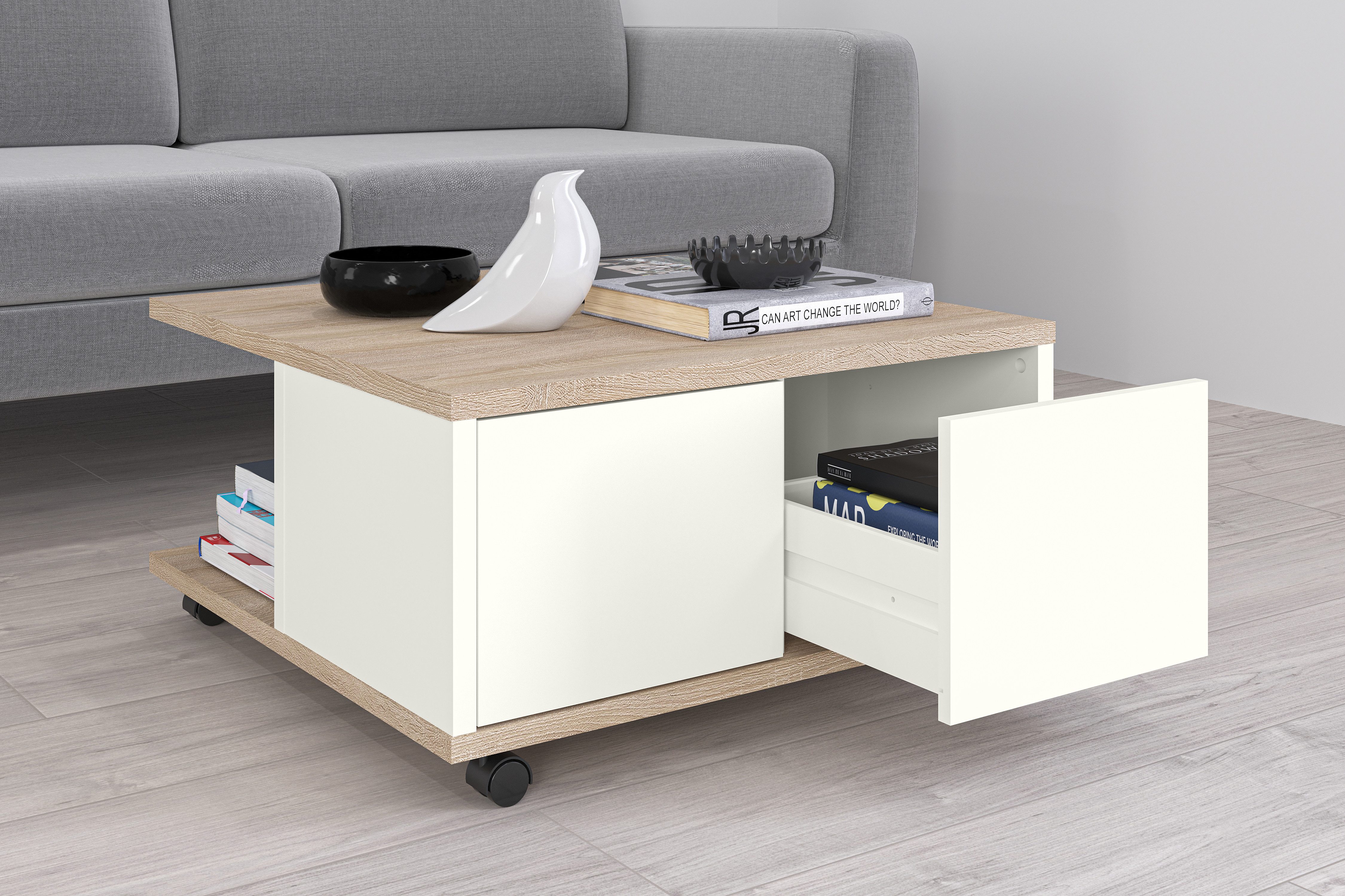 FMD Couchtisch Twin, Schubladen als Push-to-open, viel Staur., mit Rollen, Breite: 70 cm