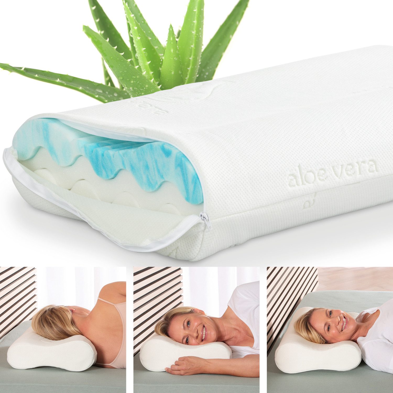 ELONEO Nackenstützkissen Gelschaum mit Aloe Vera veredelt, 60x35cm, Füllung: mit Füllung, Seitenschläfer, Rückenschläfer, mit Aloe Vera veredelt, waschbarer Bezug