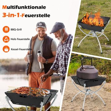 COSTWAY Holzkohlegrill, 3 in 1 Campinggrill, Edelstahl