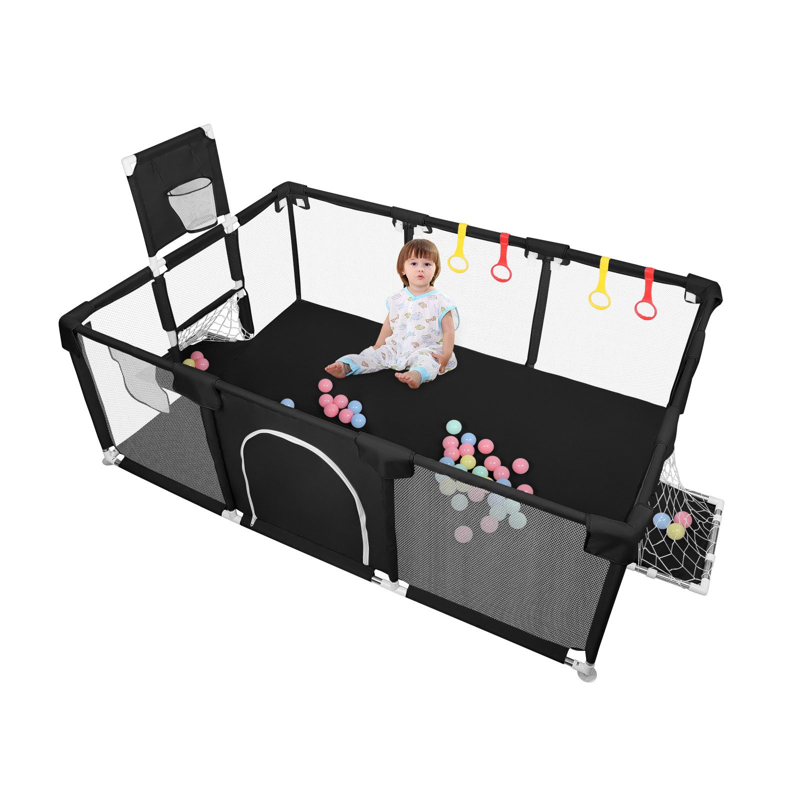 JEOBEST Laufstall Baby Laufgitter - Große Sicherheitsspielplatz, 180x120x66cm - mit Basketball-Netz 50 Ozeanbälle und 4 bunten Ringen – Bild 4 von 4