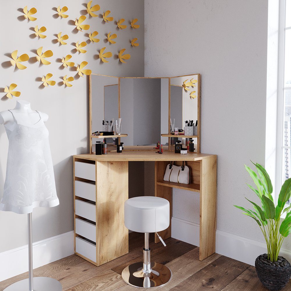 Schminktisch Arielle, Goldkraft Eiche/Weiß, 110 cm mit Hocker