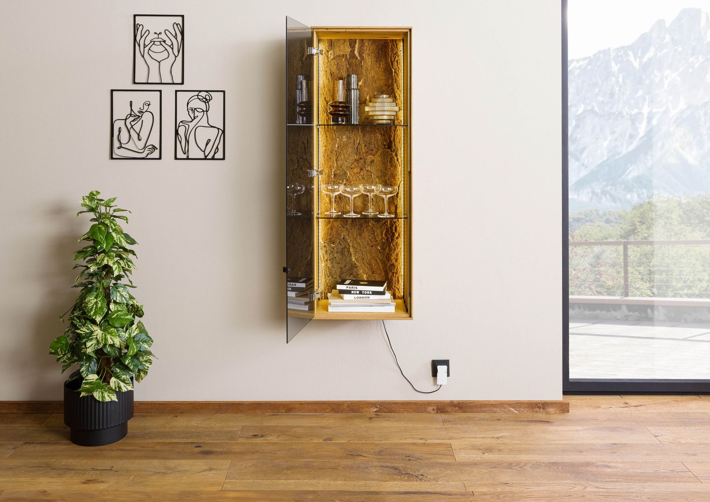 Massivmoebel24 Hängevitrine LINDAU (Wildeiche 46x38x132 natur geölt LINDAU #13) Wildeiche 46x38x132 natur geölt LINDAU #13