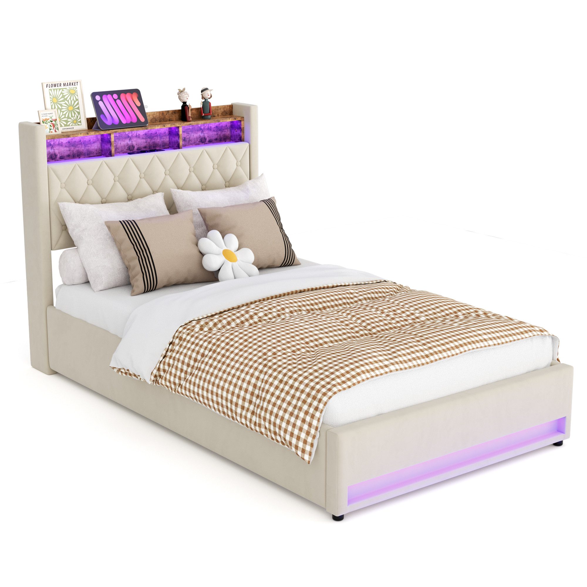 REDOM Polsterbett Ausstattung mit Premium-Samt (Kombinierter Rahmen aus Holz und Eisen • atmungsaktiver Polsterschaum • serienmäßig mit Lattenrost, 1-tlg., 140*200), Mit LED-Lichtleiste und USB-Aufladung