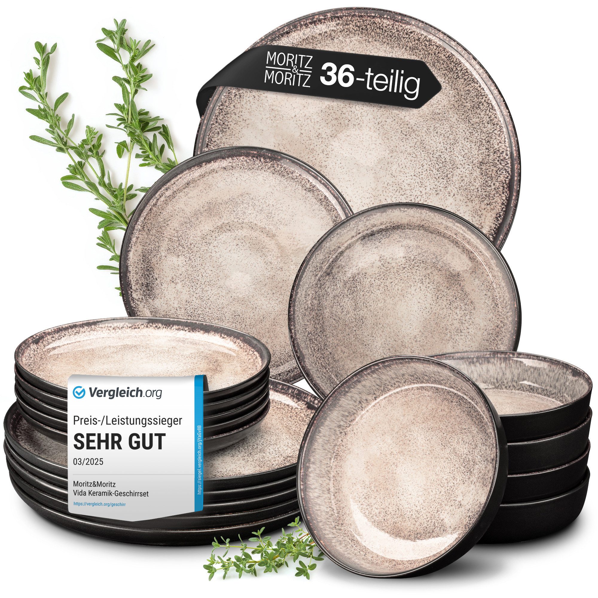 Moritz & Moritz Tafelservice Geschirr Set VIDA Beige (36-tlg), 12 Personen, Porzellan, Kombigeschirr für 12 Personen