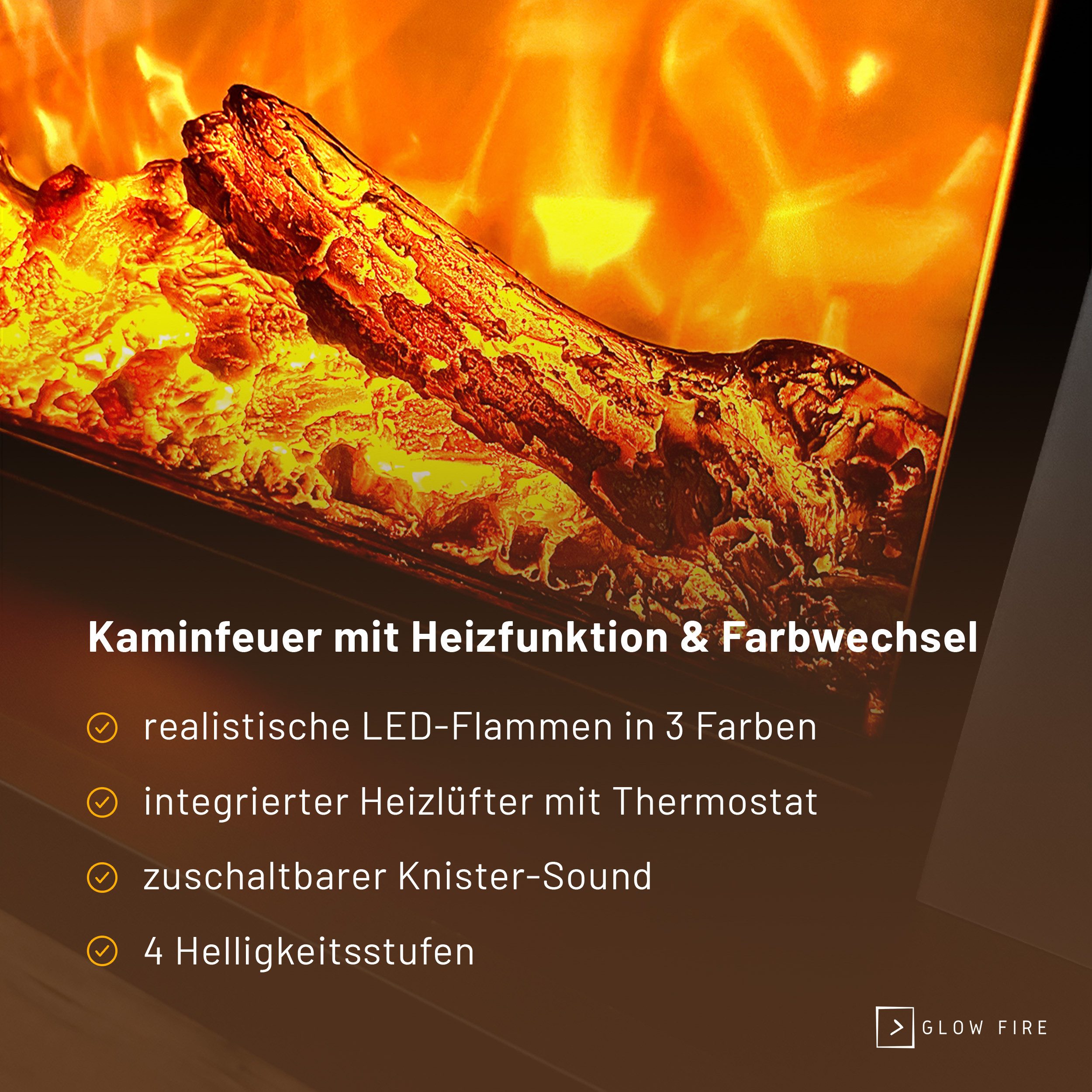 GLOW FIRE Elektrokamin THEBE LED Kamin mit Heizung, Standkamin, Elektrischer Kamin mit 3-fach Farbwechsler und Knisterfunktion