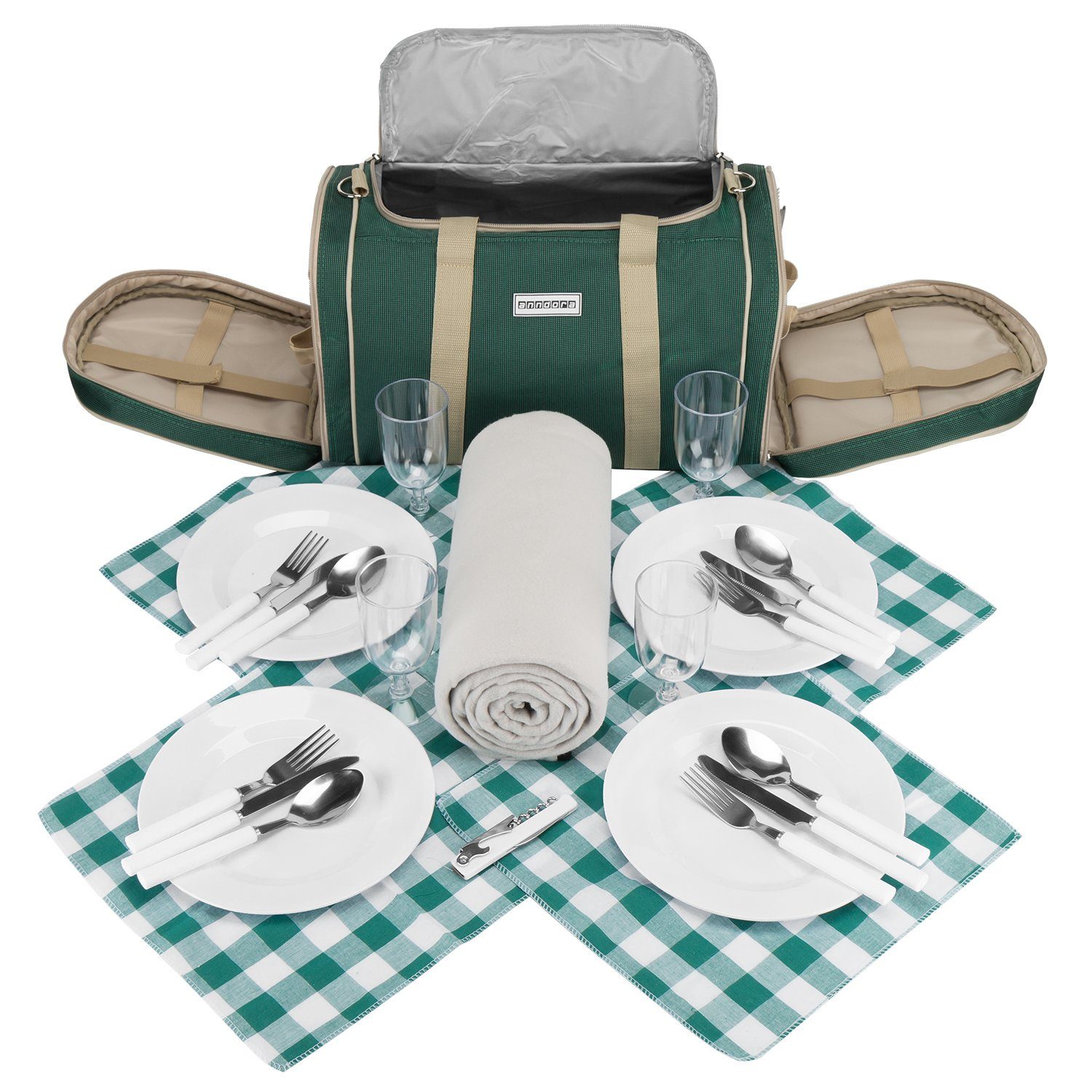 anndora Picknickkorb Kühltasche inkl. Outdoordecke + 20 tlg. Zubehör f. 4 Personen, gepolsterter Tragegurt - zusammenlegbare Outdoordecke