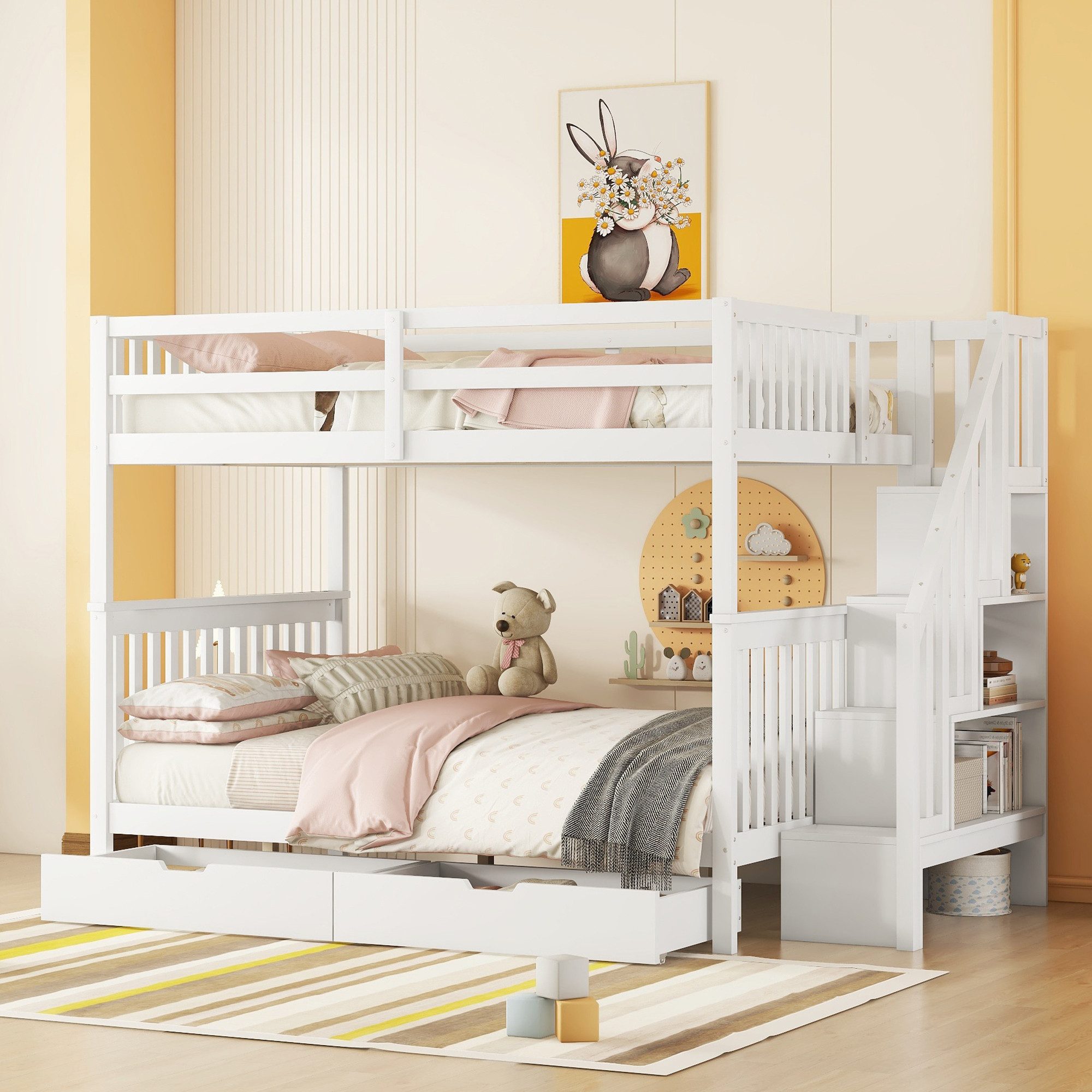 MODFU Etagenbett Kinderbett (Treppenregal, ausgestattet mit zwei Schubladen, hohe Geländer, 140*200cm), ohne Matratze