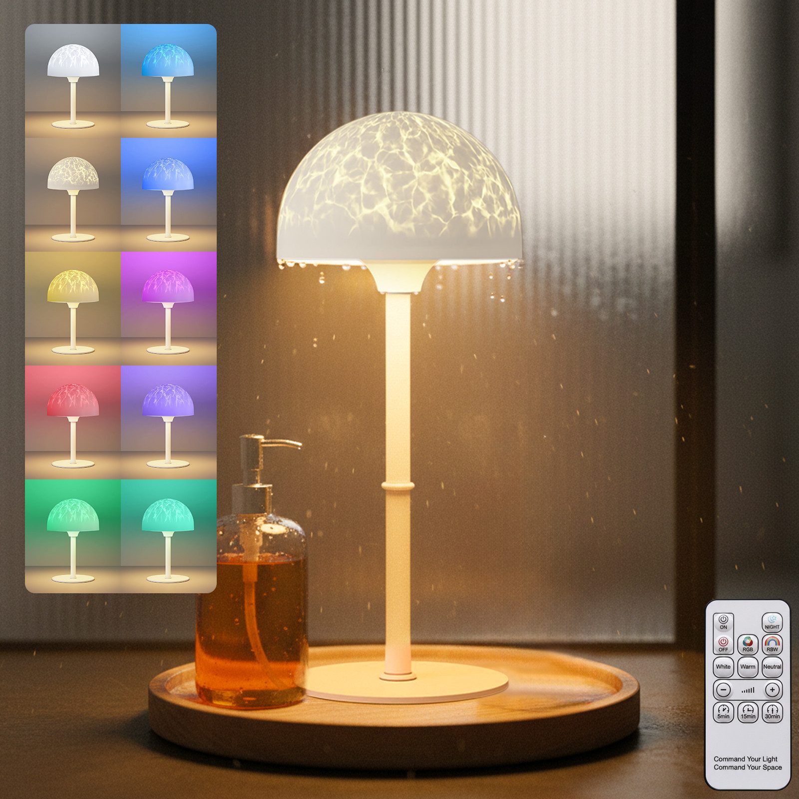 Lapalife Nachttischlampe Projektor RGB Ozeanwellenprojektor, Akku Tischlampe Kabellos, LED fest integriert, Mit Touch & Fernbedienung,für Schlafzimmer,Dusche/Badewanne im Inneren