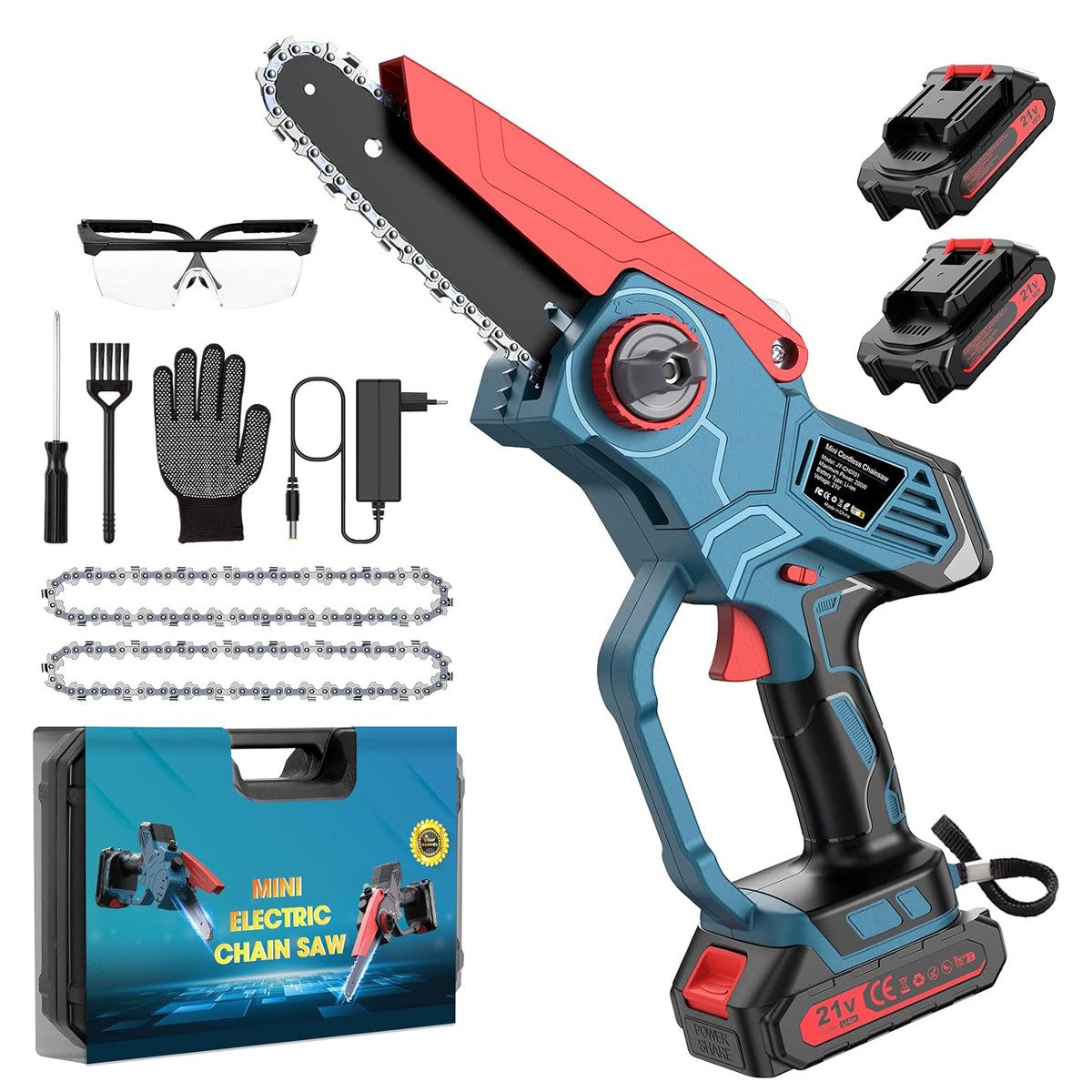 AeroAxis Akku-Kettensäge Mini 6'' (15 cm Schwert), 800W bürstenlos, 2 Akku 2000mAh, 15 cm Schwertlänge, Set, Set mit Koffer & Ersatzketten, Ergonomische Griff, für Gartenscheren Astschere Holzschneiden