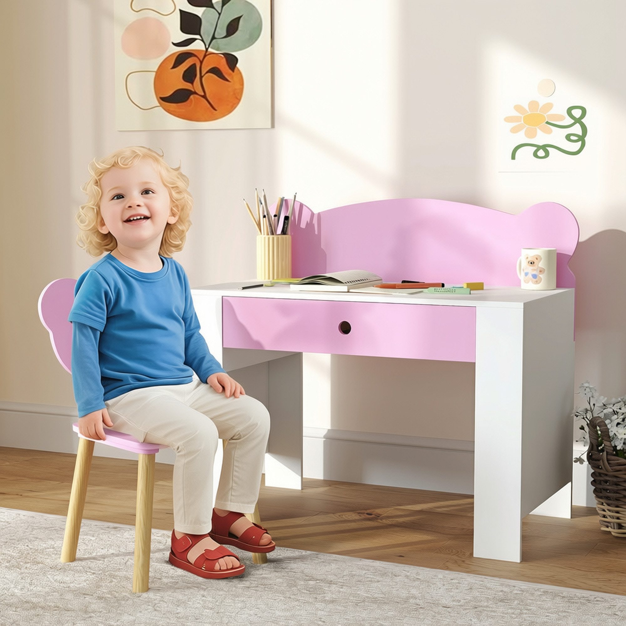 AIYAPLAY Kindertisch Kindertisch Schülerschreibtisch mit Schublade mit Bärenform (Kinderschreibtisch Set, 2-St., Kinder Schreibtisch und Stuhl), Jugendschreibtisch für Jungs & Mädchen Rosa