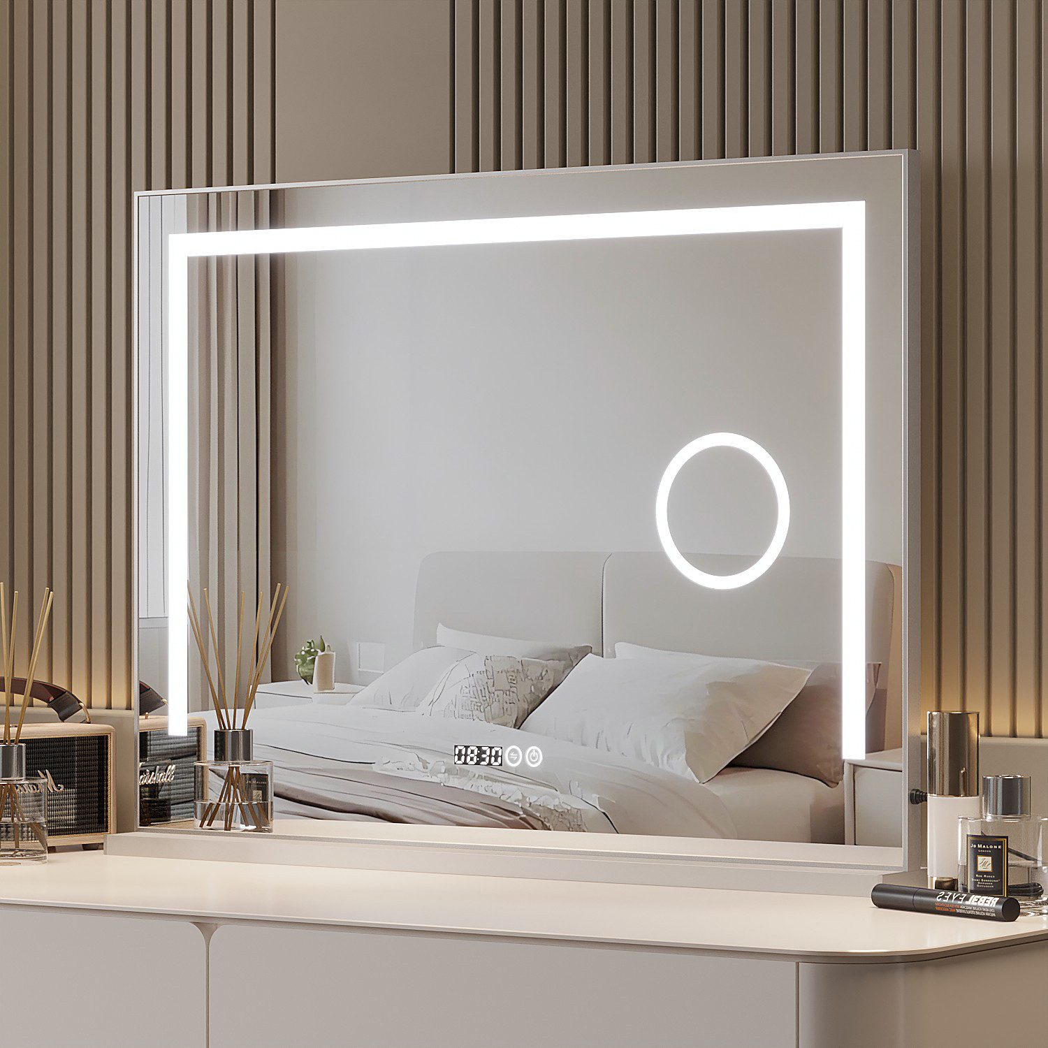 AQUABATOS Schminkspiegel Hollywood Spiegel Kosmetikspiegel mit Beleuchtung und Vergrößerung (80 x 60cm 70x50cm, Digital Uhr, 3 Lichtfarben, Dimmfunktion, mit deutscher Stecker)