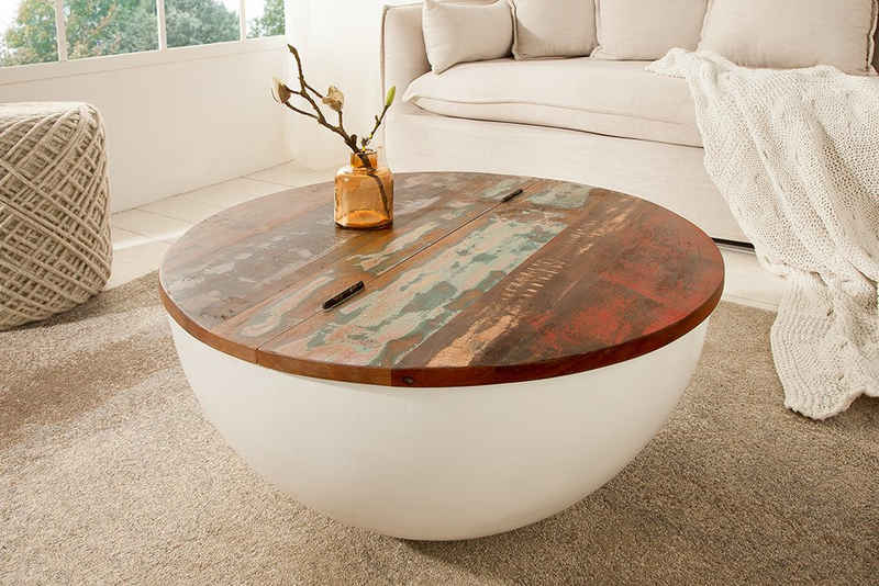 riess-ambiente Couchtisch JAKARTA 70cm weiß / natur, Wohnzimmer · recyceltes Massivholz · rund · mit Fach · Metall · Boho