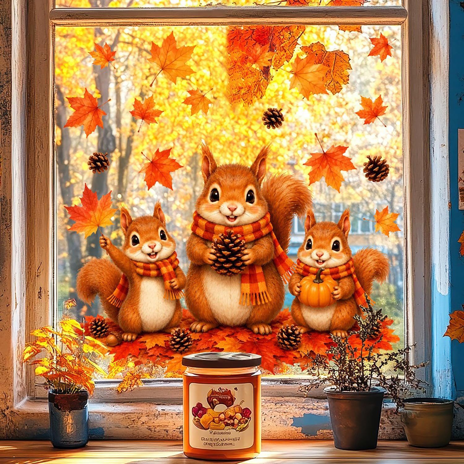 Bomiclss Fensterbild Süßer Herbst-Fensteraufkleber,Motiv:Eichhörnchen mit Schal, 60 x 30 cm, 2er-Pack,Statisch haftend, Ahornblatt-Muster, wiederverwendbar – Bild 3 von 5