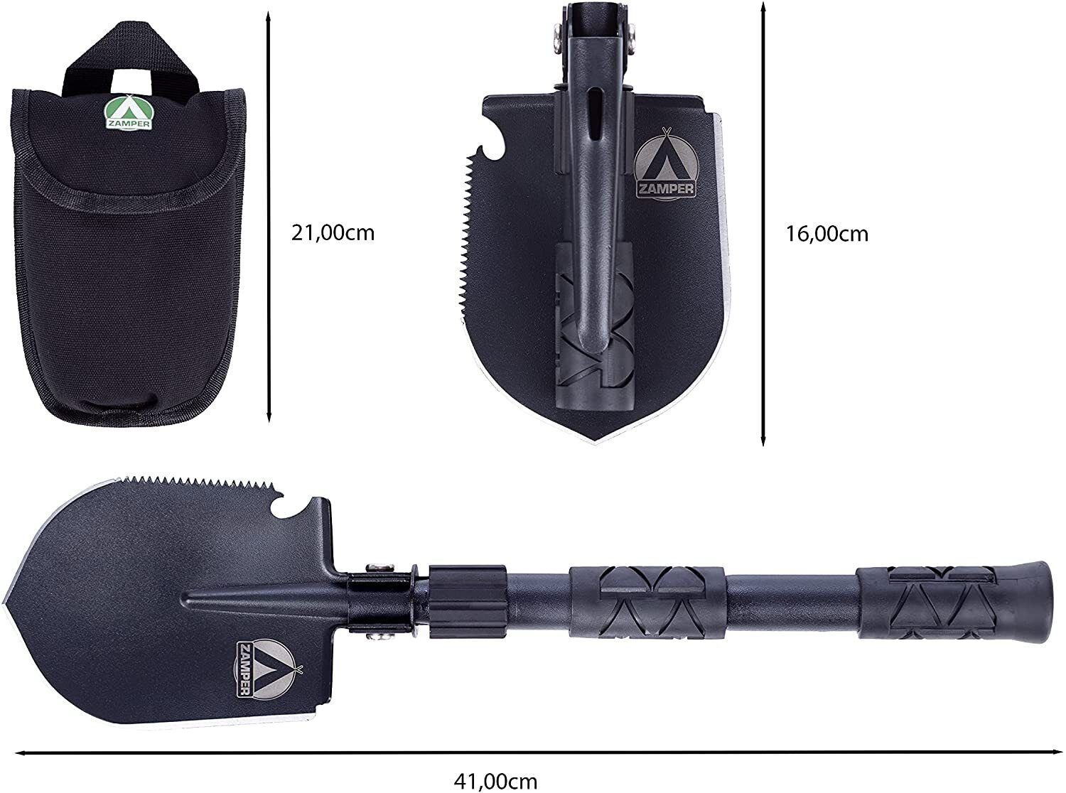 Zamper Spaten Camping & Survival Gadget - Multifunktions Klapp-Spaten mit Tasche, (Rostfreier Stahl mit Oberflächenoxydation), Mulitfunktionstool mit Spitzhacke, Säge & Flaschenöffner