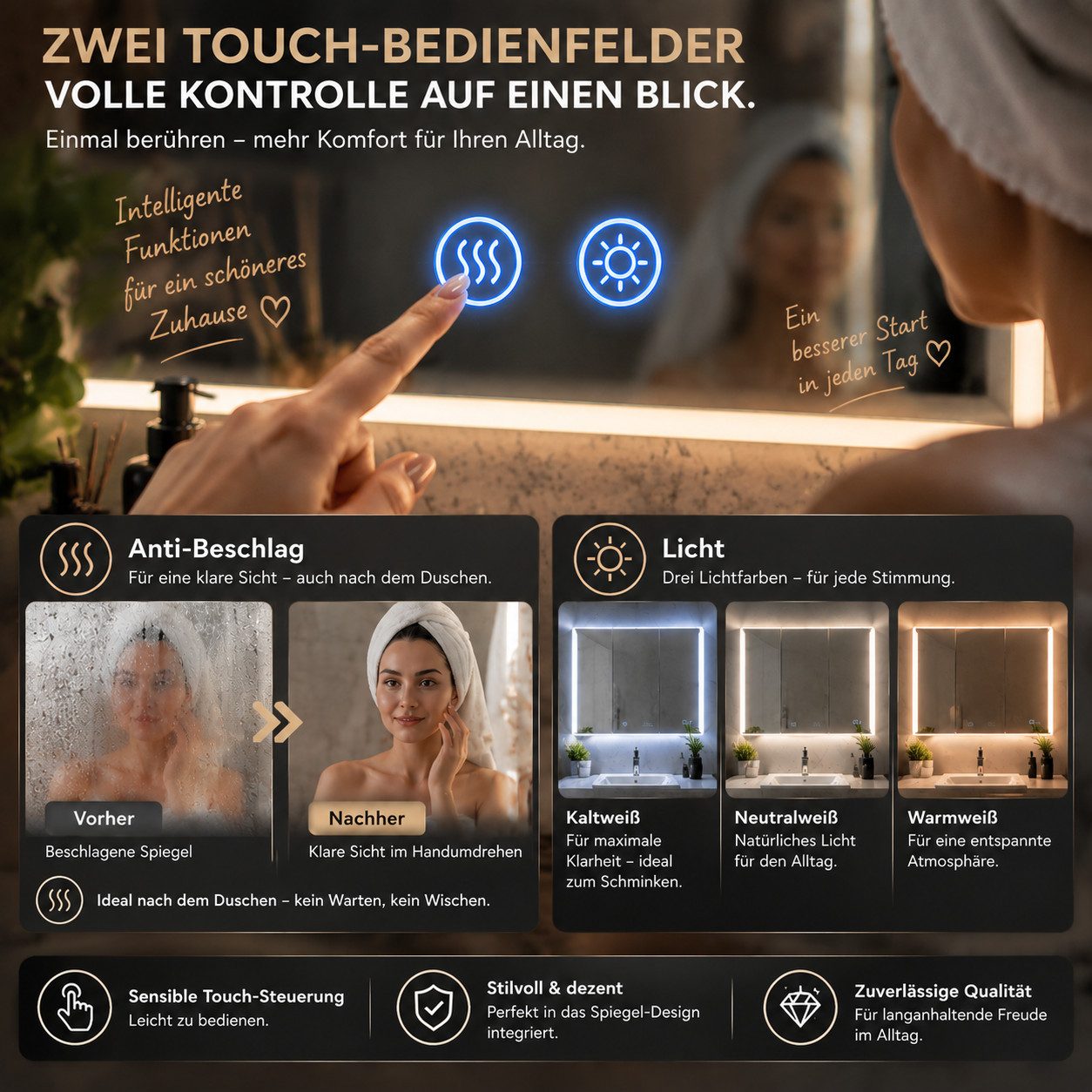 Simurq Badezimmerspiegelschrank 100 cm LED-Spiegelschrank mit 3 Türen, Anti-Beschlag Tuchentnahme im unteren rechten Bereich – Bild 5 von 5