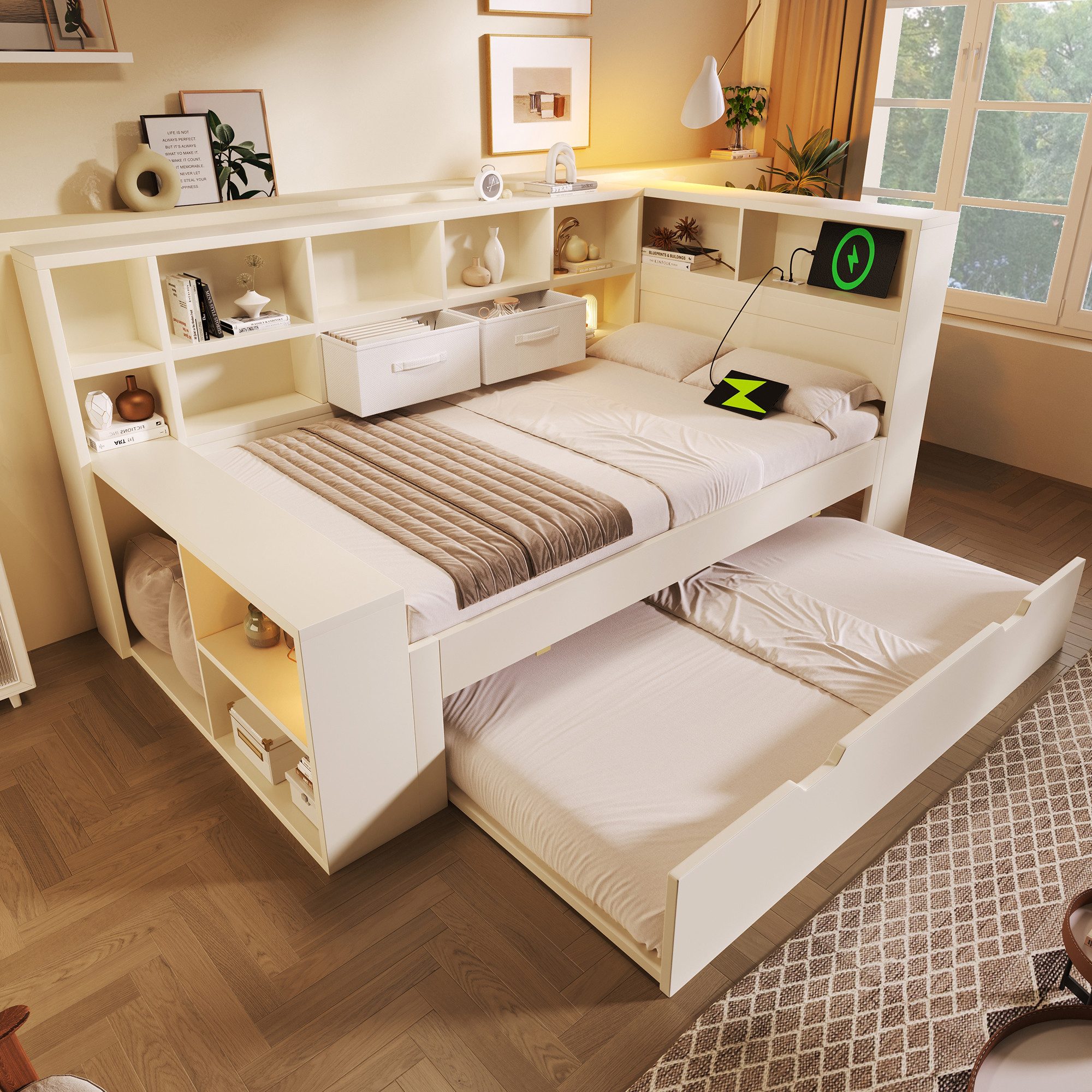 MODFU Stauraumbett Funktionelles Doppelbett mit Ausziehfunktion, Weiß (Holzbett, Funktionsbett, 1-tlg., Optimale Raumnutzung als Jugendbett oder Gästebett,90x190 cm), aus Holz mit Stauraum und Ladeanschlüssen(ohne Matratze)