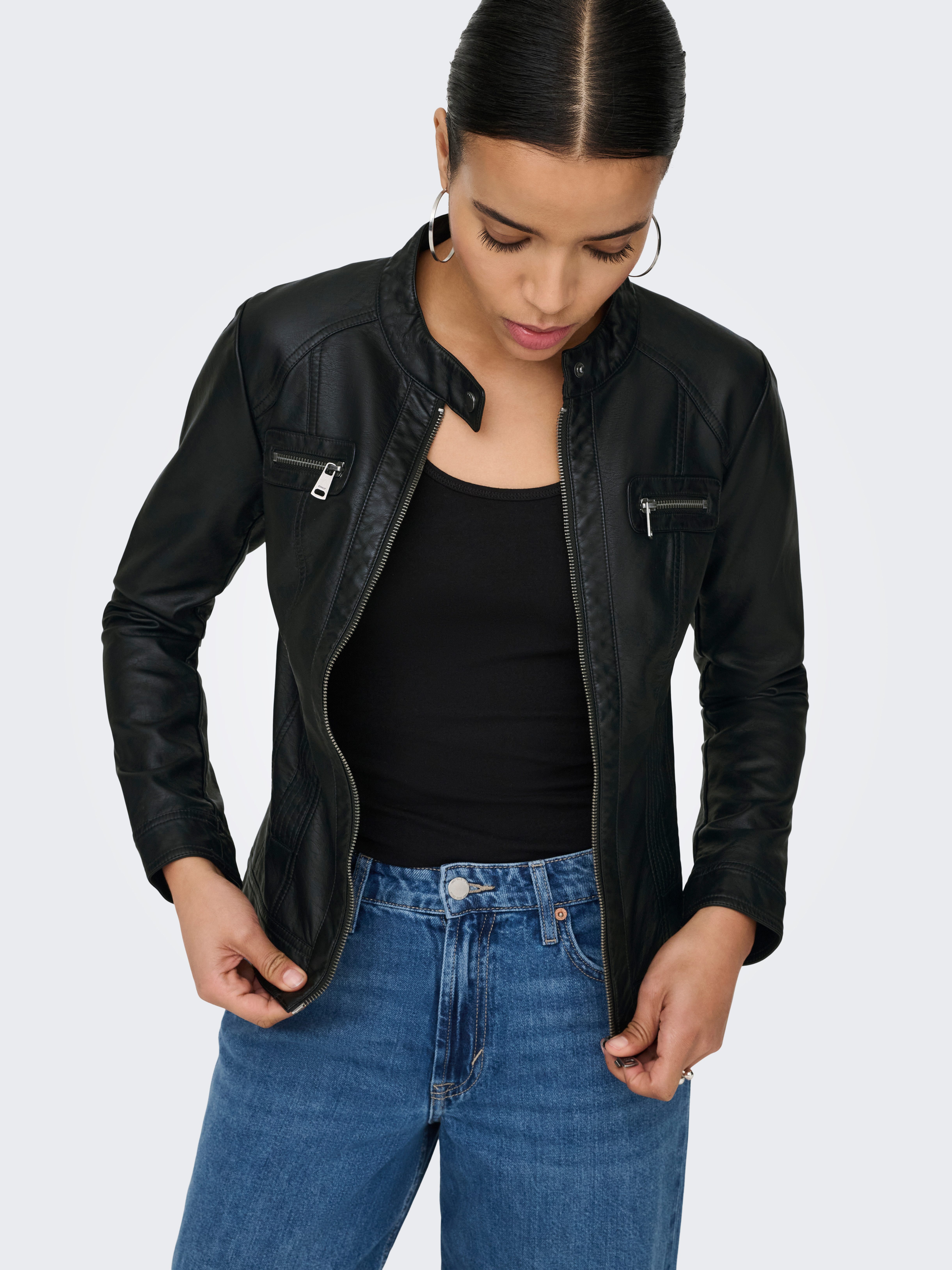 ONLY Lederimitatjacke ONLBANDIT – Bikerjacke mit figurbetonter Form und Reißverschlüssen unifarben, modisch, figurbetont, Lederimitat, Stehkragen