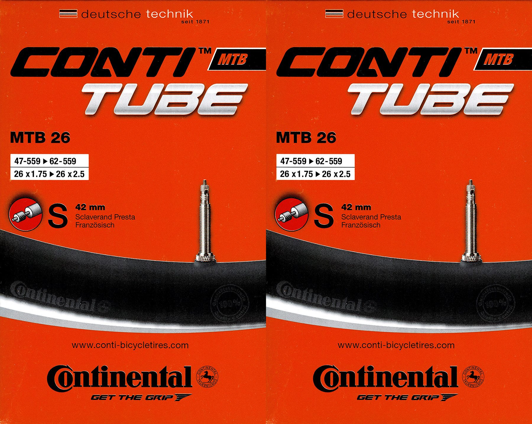Fahrradschlauch 2x Continental MTB 26 Schlauch 26 Zoll SV (47/62-559) SV 42mm