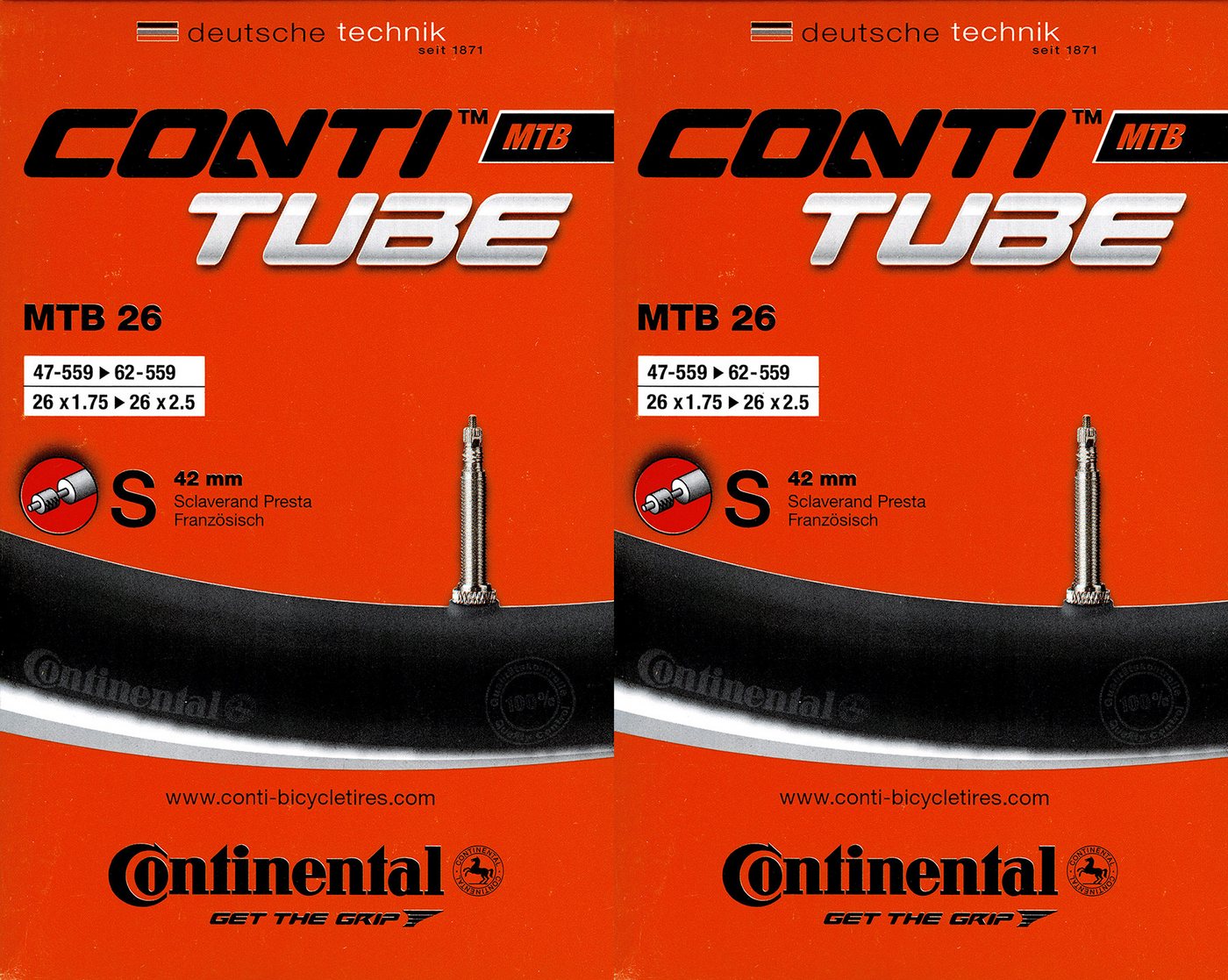 CONTINENTAL Fahrradschlauch 2x Continental MTB 26 Schlauch 26 Zoll SV (47/62-559) SV 42mm, 26, (2-St)