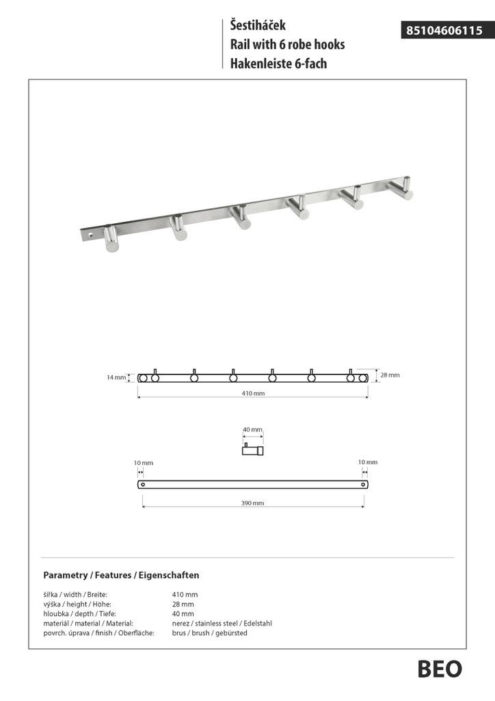 BRILLANTBAD® Hakenleiste BEO Hakenleiste mit 6 Haken Edelstahl matt für Bad & Küche >> Bohren
